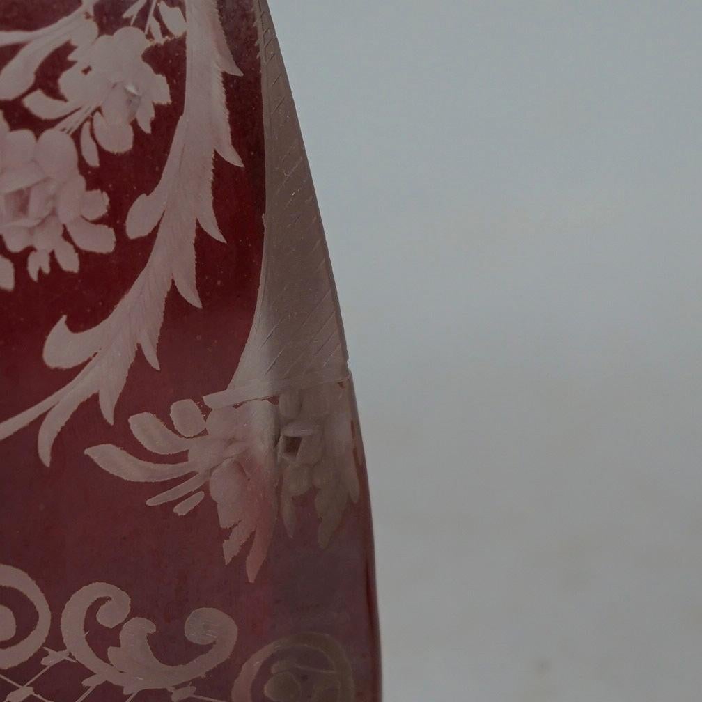 Antique Pair of Bohemian Cranberry Cut-to-Clear Decanters 19th C 8