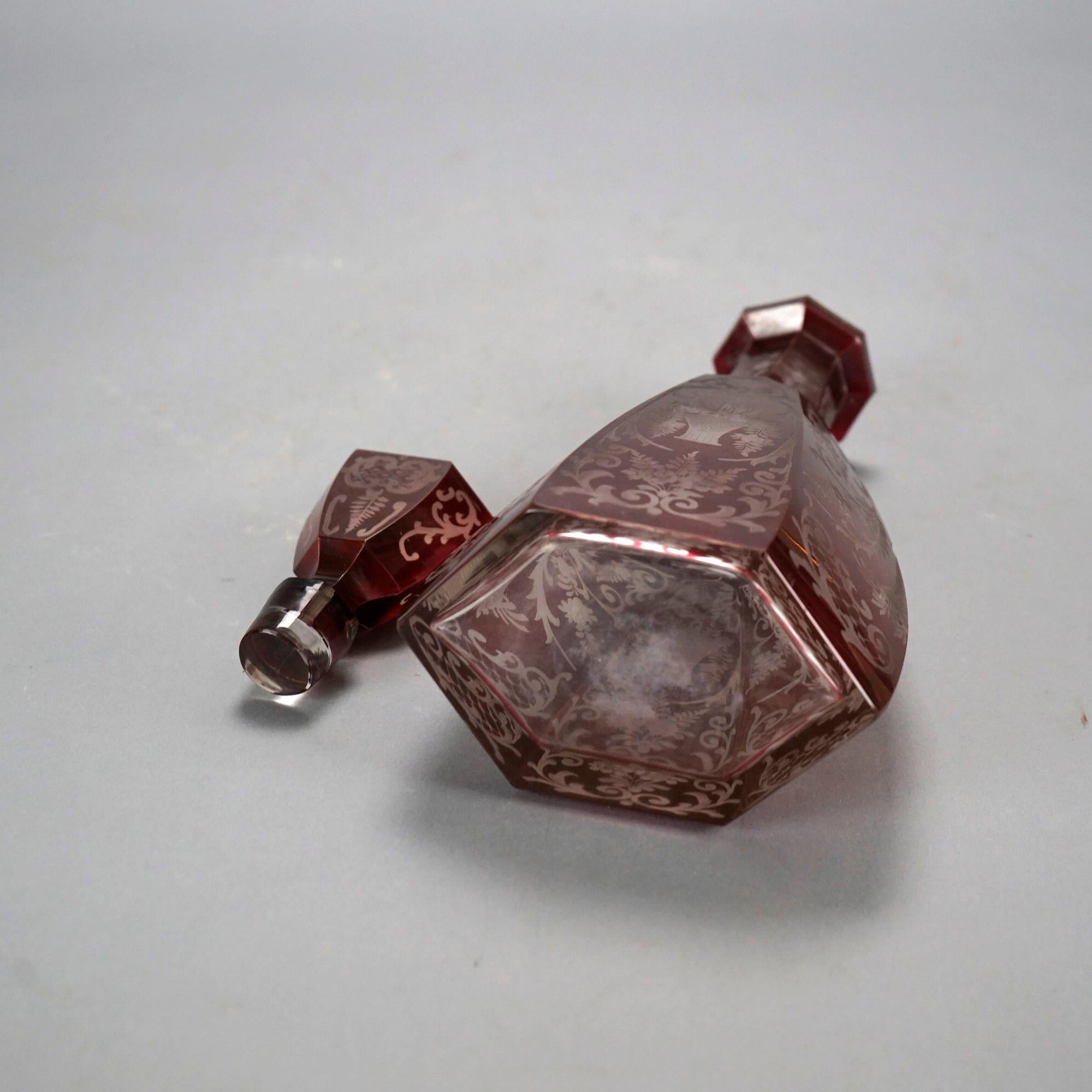 Antique Pair of Bohemian Cranberry Cut-to-Clear Decanters 19th C 9