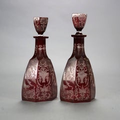 Antique Pair of Bohemian Cranberry Cut-to-Clear Decanters 19th C