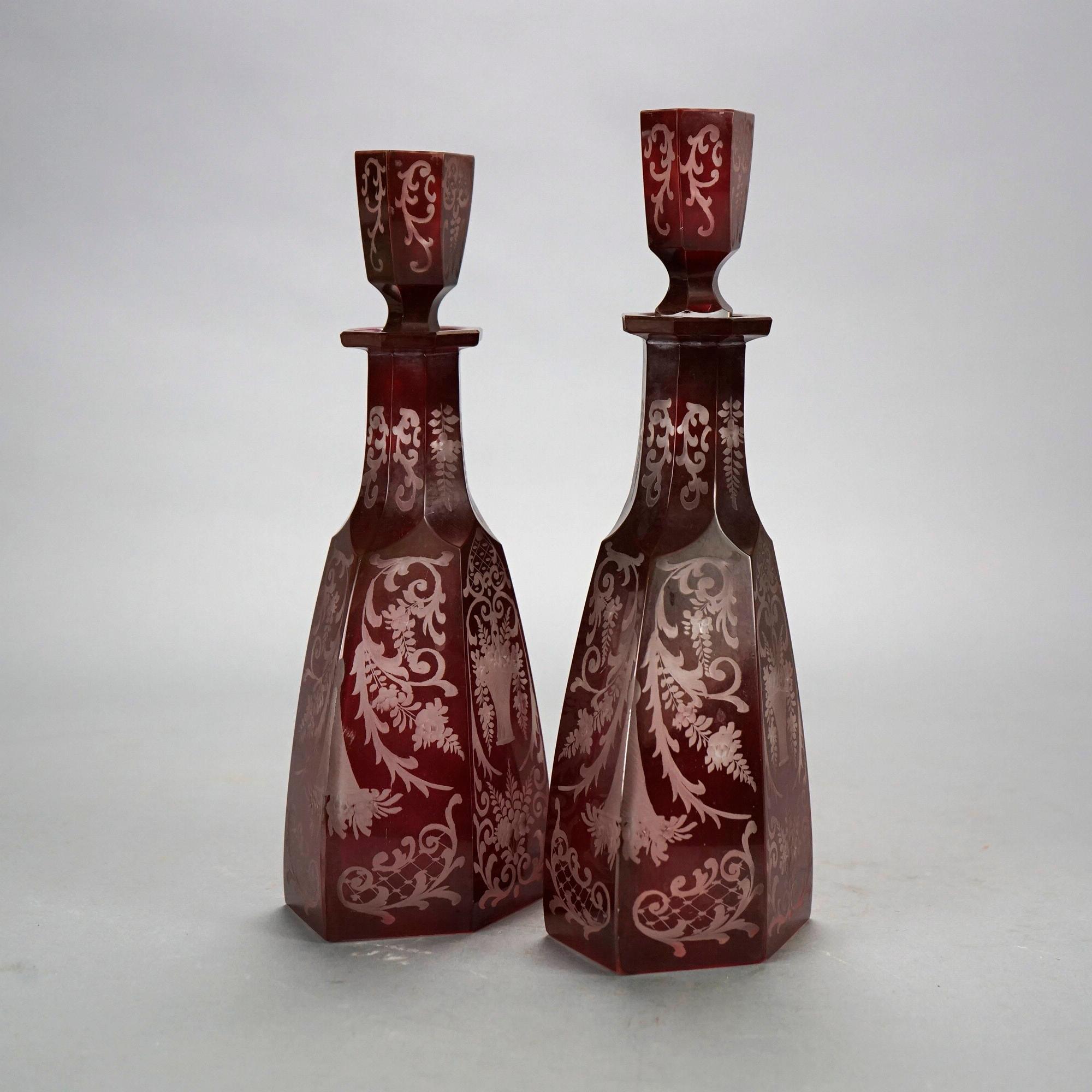 Antique Pair of Bohemian Cranberry Cut-to-Clear Decanters 19th C In Good Condition In Big Flats, NY