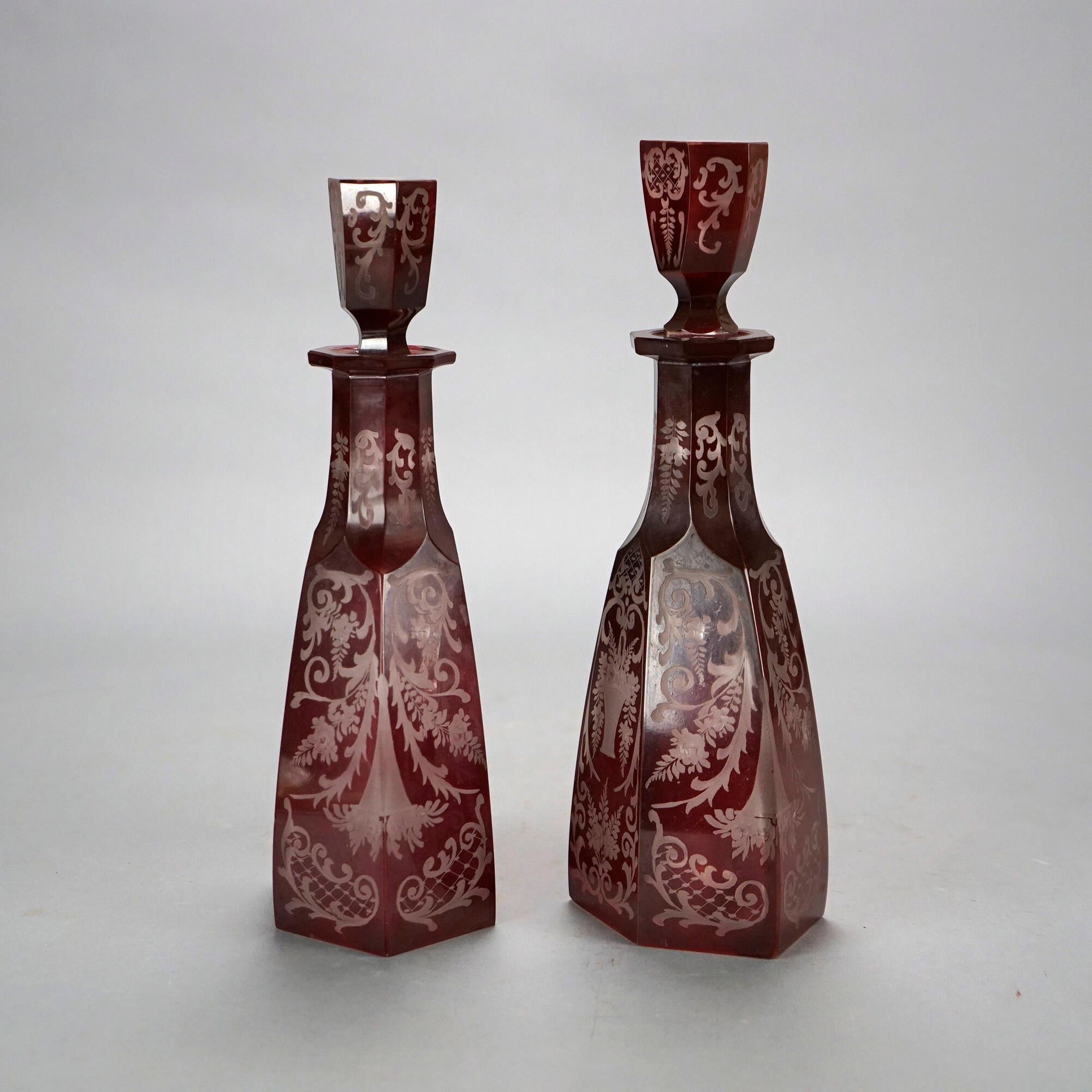 19th Century Antique Pair of Bohemian Cranberry Cut-to-Clear Decanters 19th C