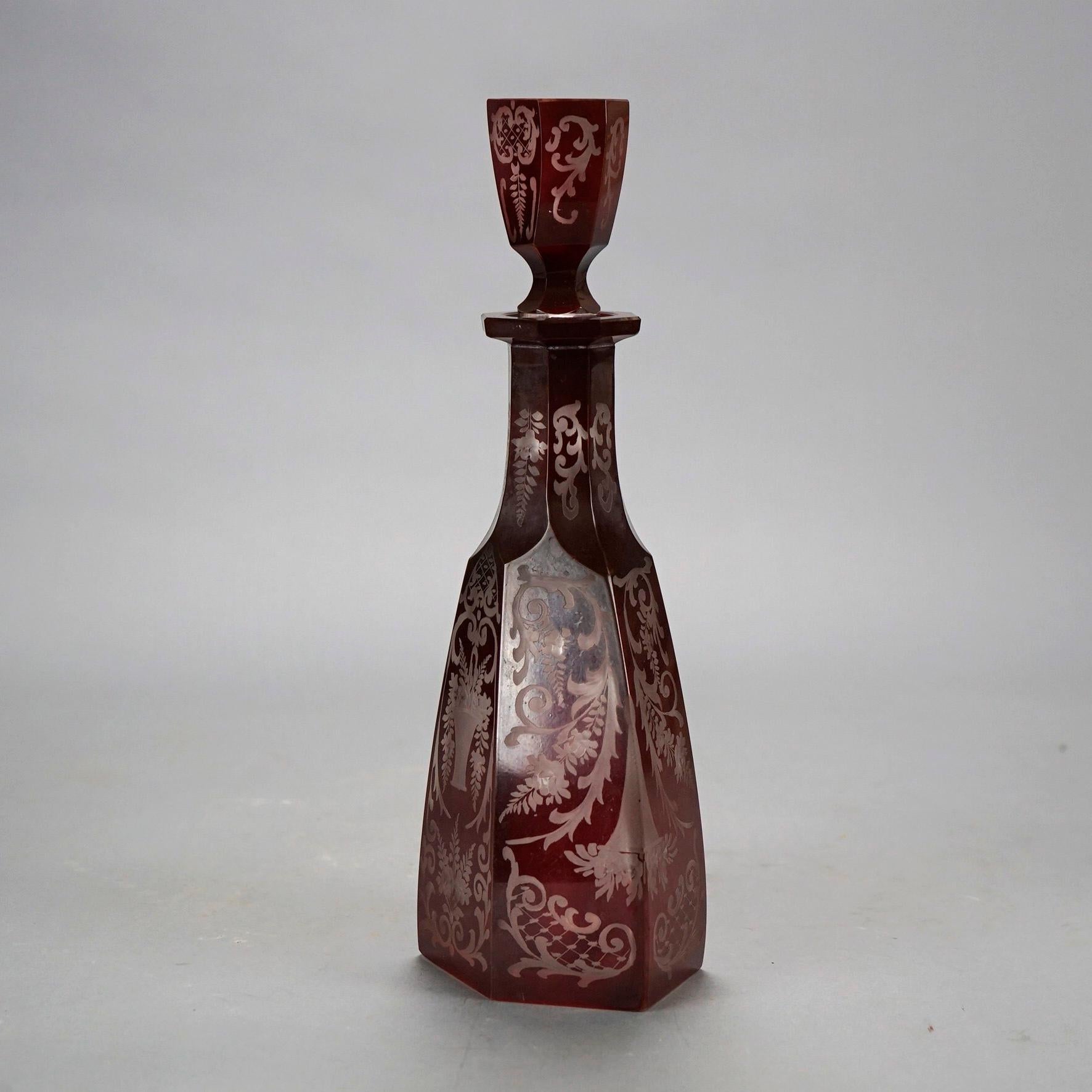 Glass Antique Pair of Bohemian Cranberry Cut-to-Clear Decanters 19th C