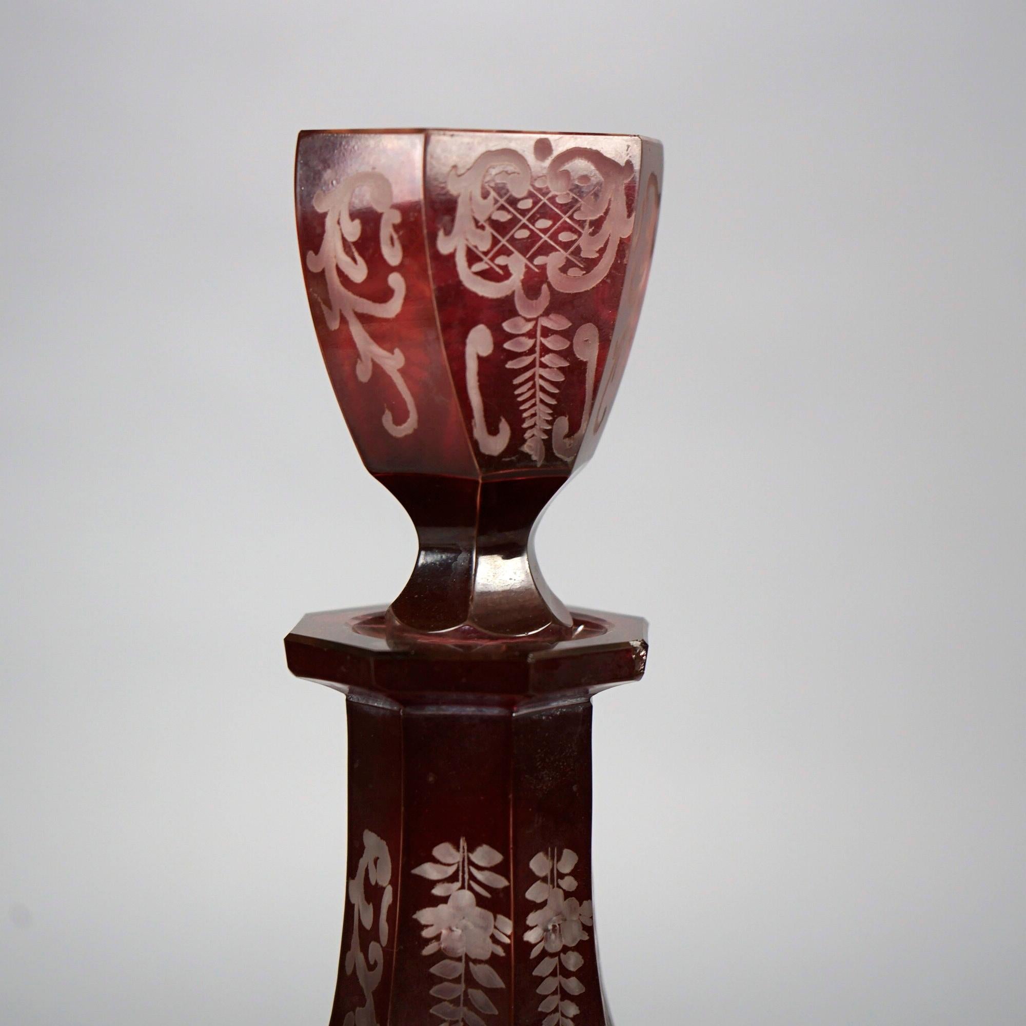 Antique Pair of Bohemian Cranberry Cut-to-Clear Decanters 19th C 1