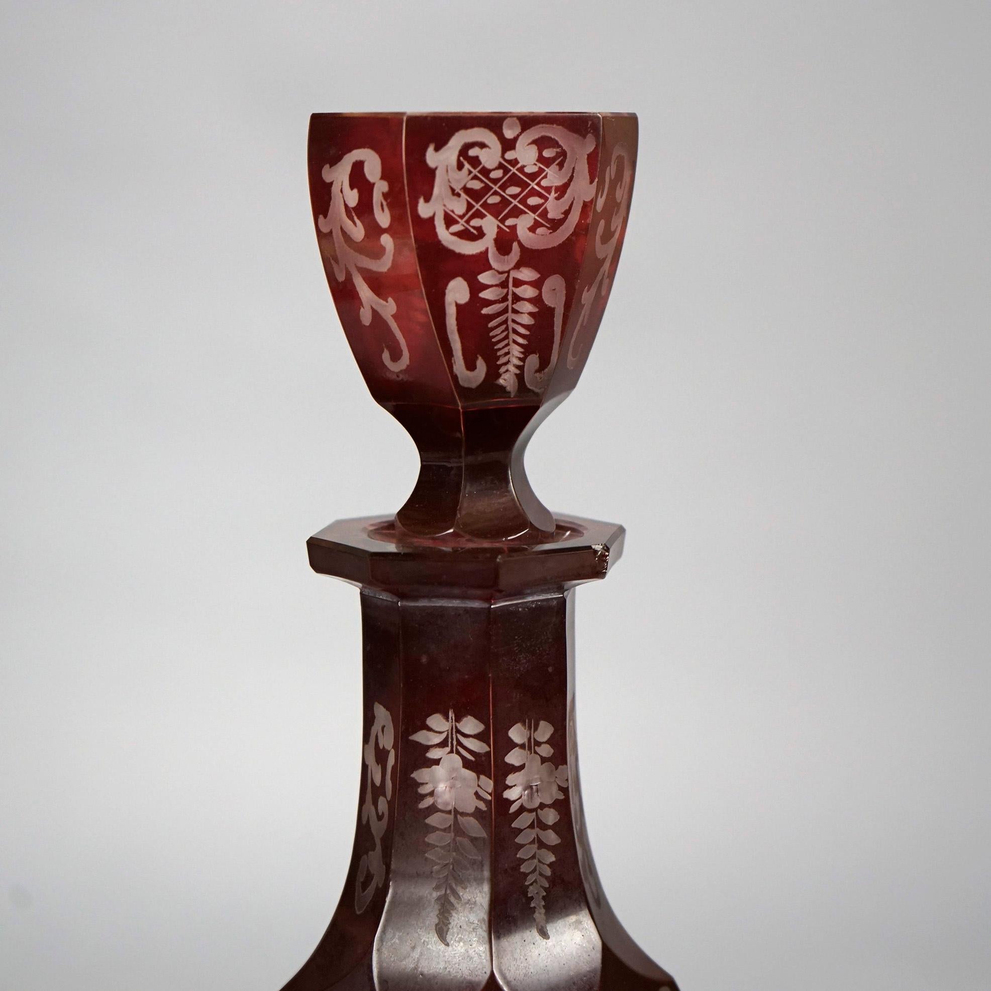 Antique Pair of Bohemian Cranberry Cut-to-Clear Decanters 19th C 2