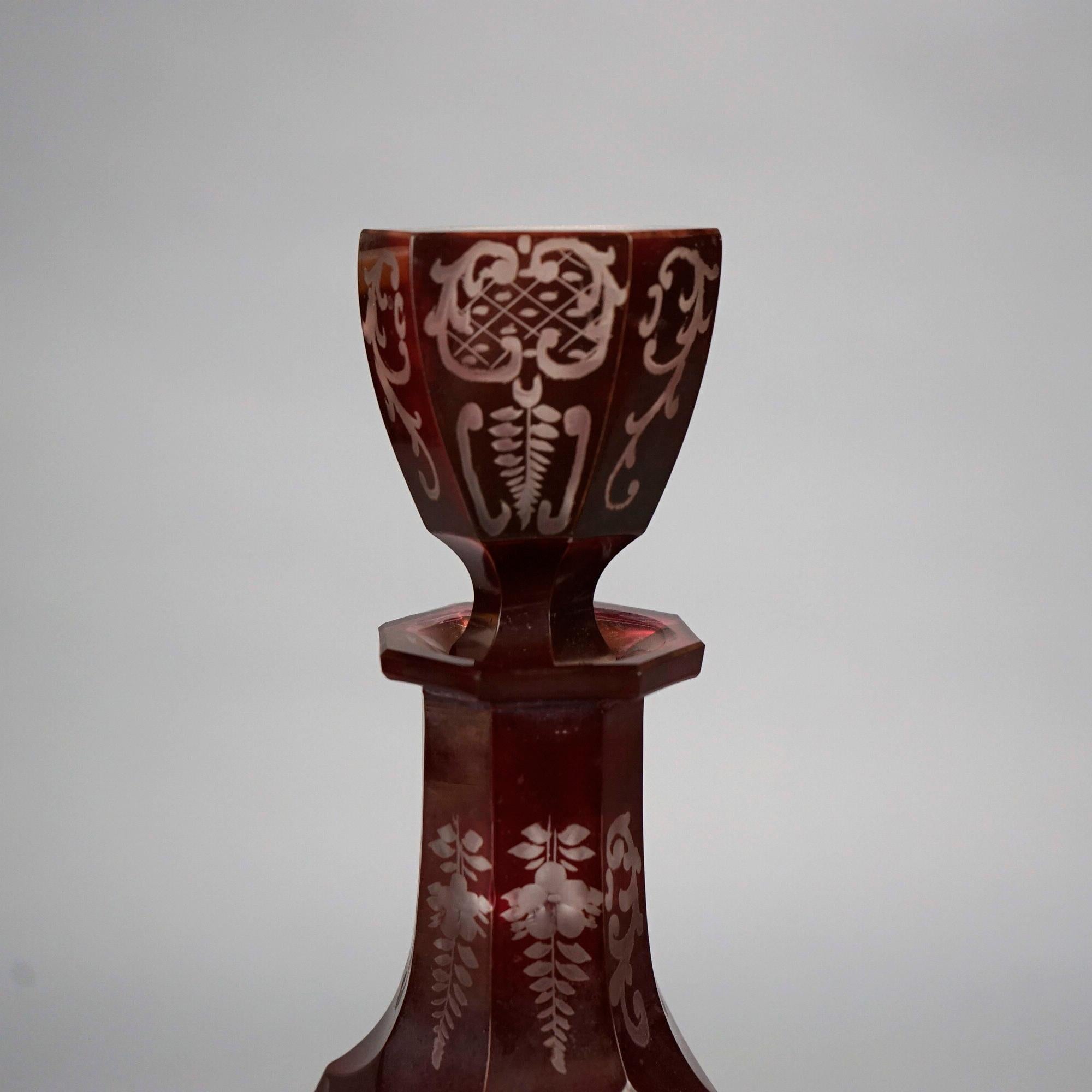 Antique Pair of Bohemian Cranberry Cut-to-Clear Decanters 19th C 3