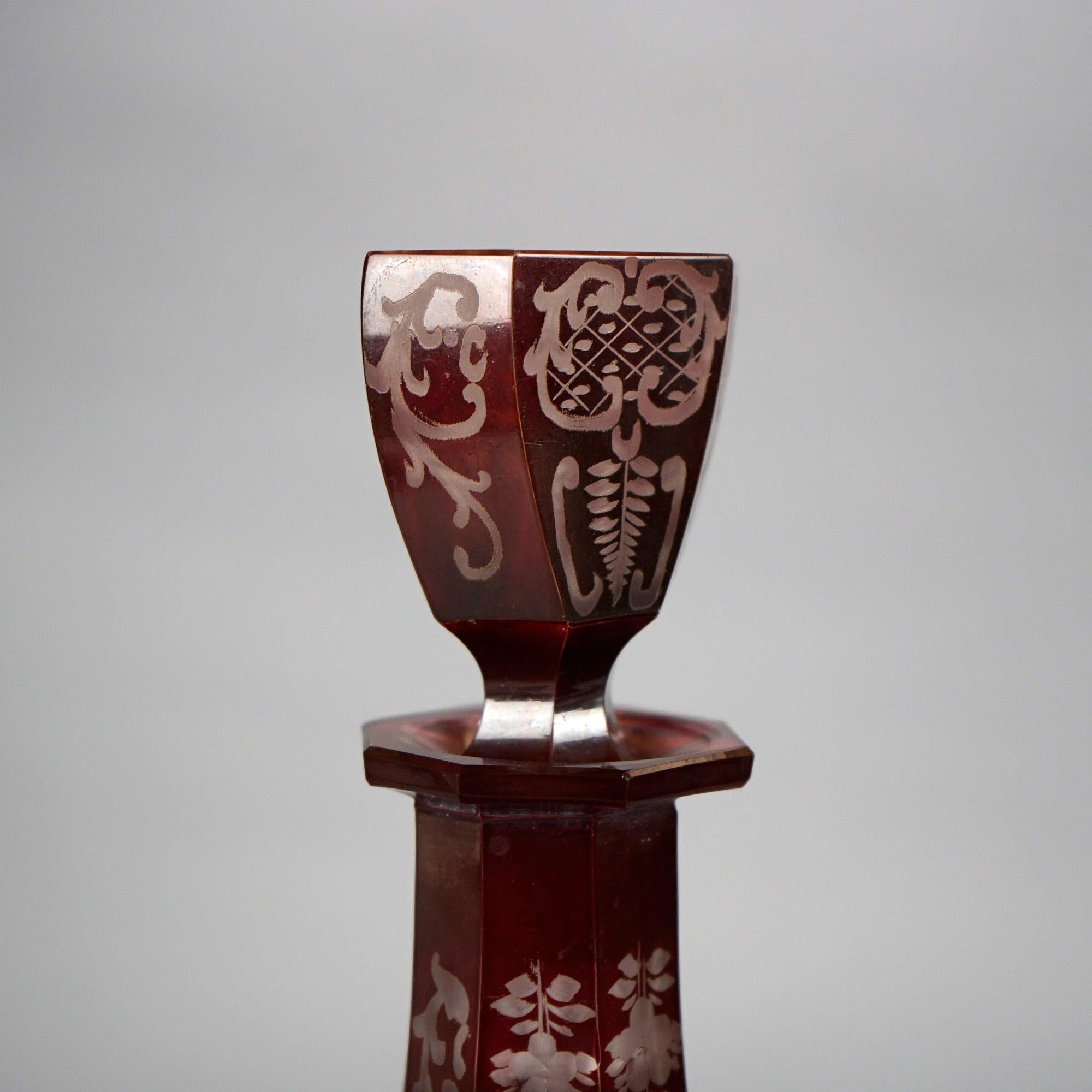 Antique Pair of Bohemian Cranberry Cut-to-Clear Decanters 19th C 4