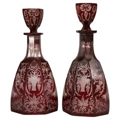 Antique Pair of Bohemian Cranberry Cut-to-Clear Decanters 19th C