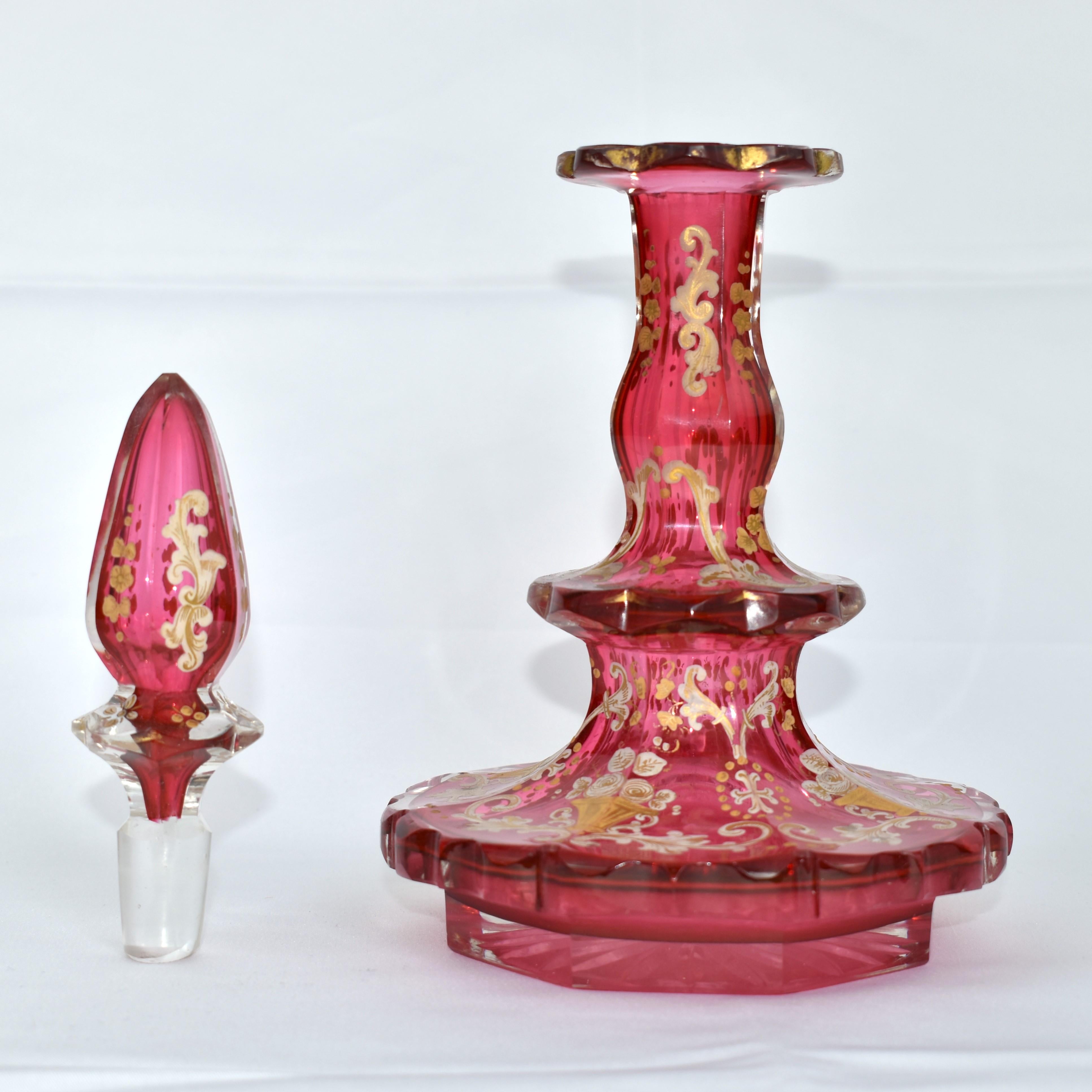 19th Century ANTIQUE PAIR OF BOHEMIAN CRANBERRY GLASS ENAMELLED PERFUME BOTTLES, 19th CENTURY For Sale