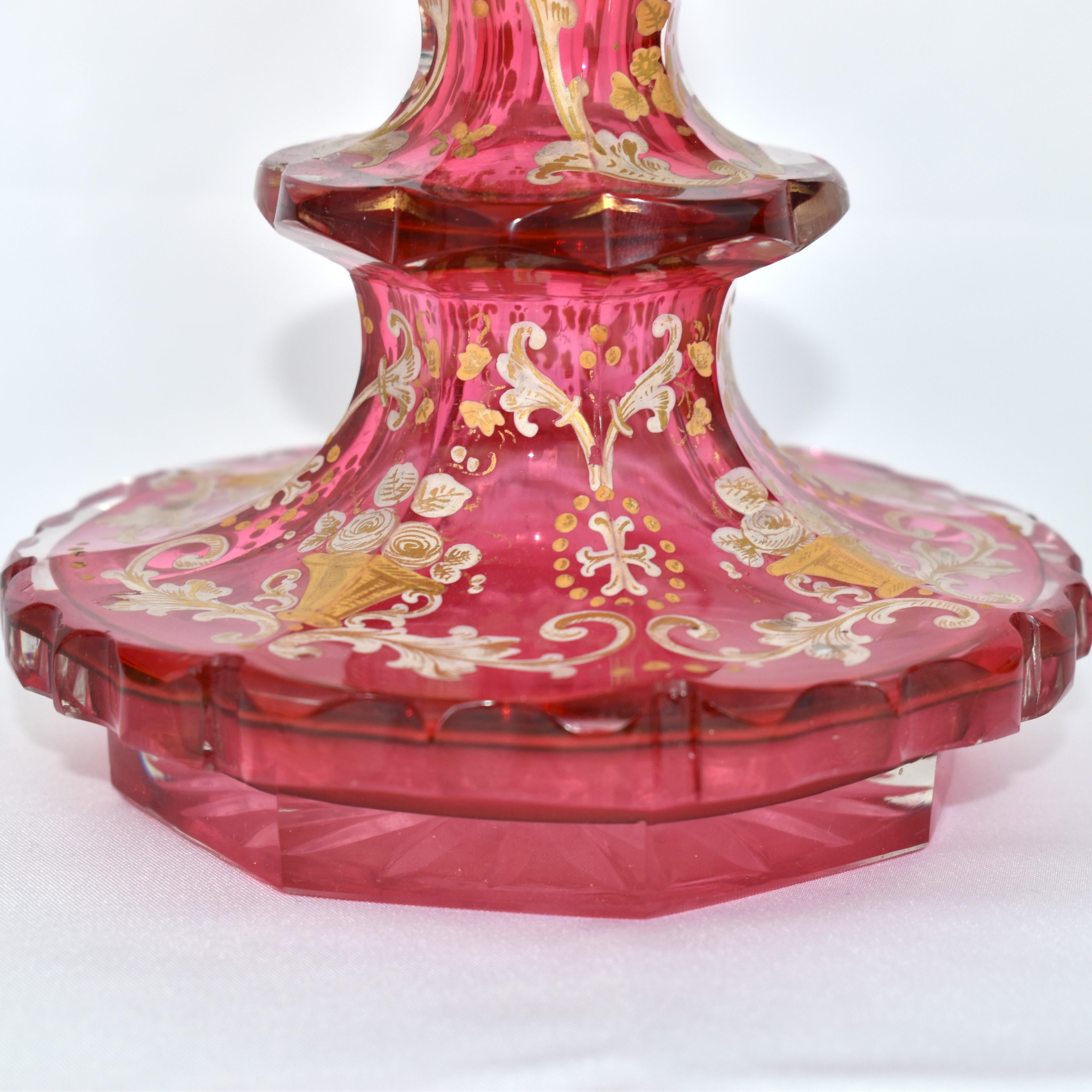 Enamel ANTIQUE PAIR OF BOHEMIAN CRANBERRY GLASS ENAMELLED PERFUME BOTTLES, 19th CENTURY For Sale