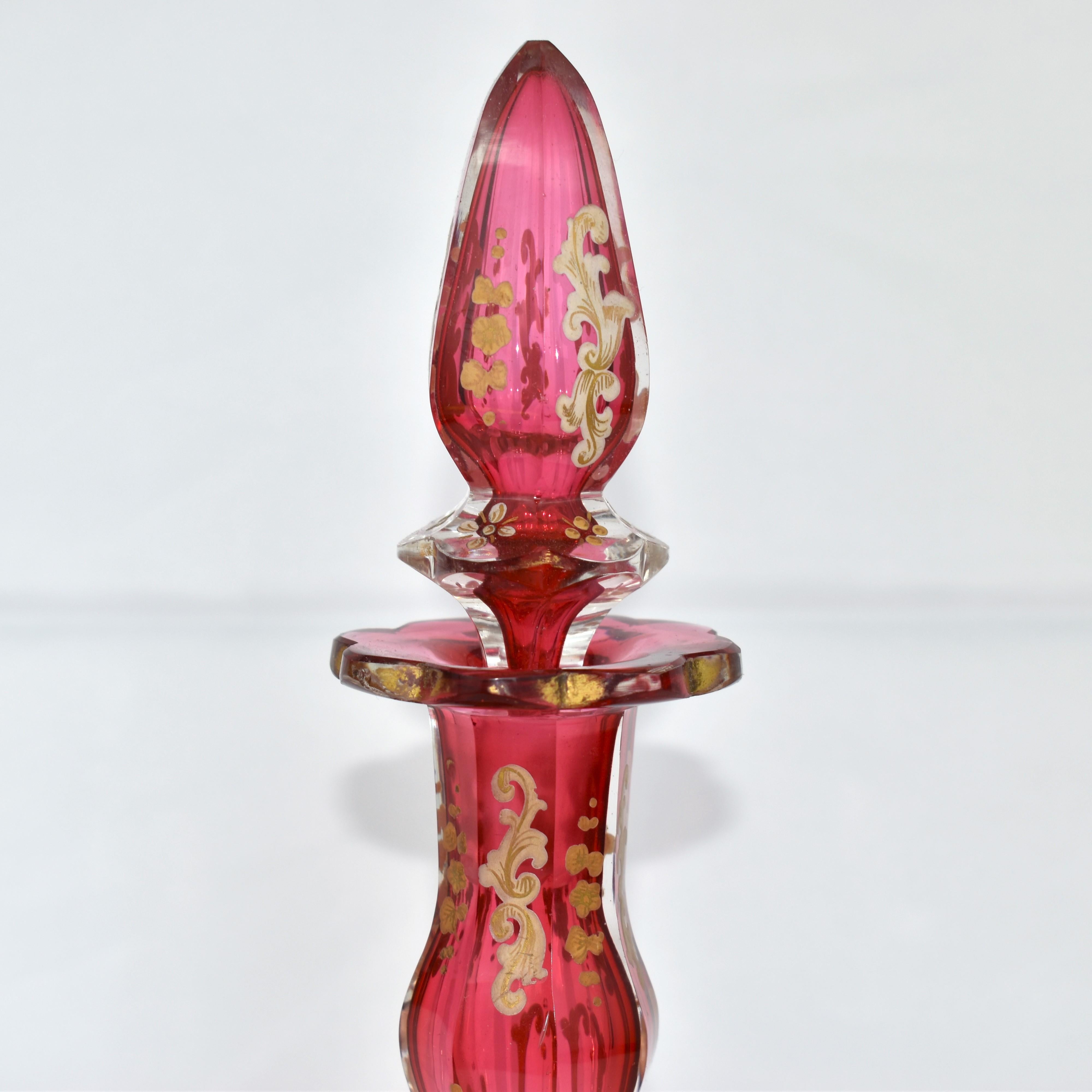 ANTIQUE PAIR OF BOHEMIAN CRANBERRY GLASS ENAMELLED PERFUME BOTTLES, 19th CENTURY For Sale 2