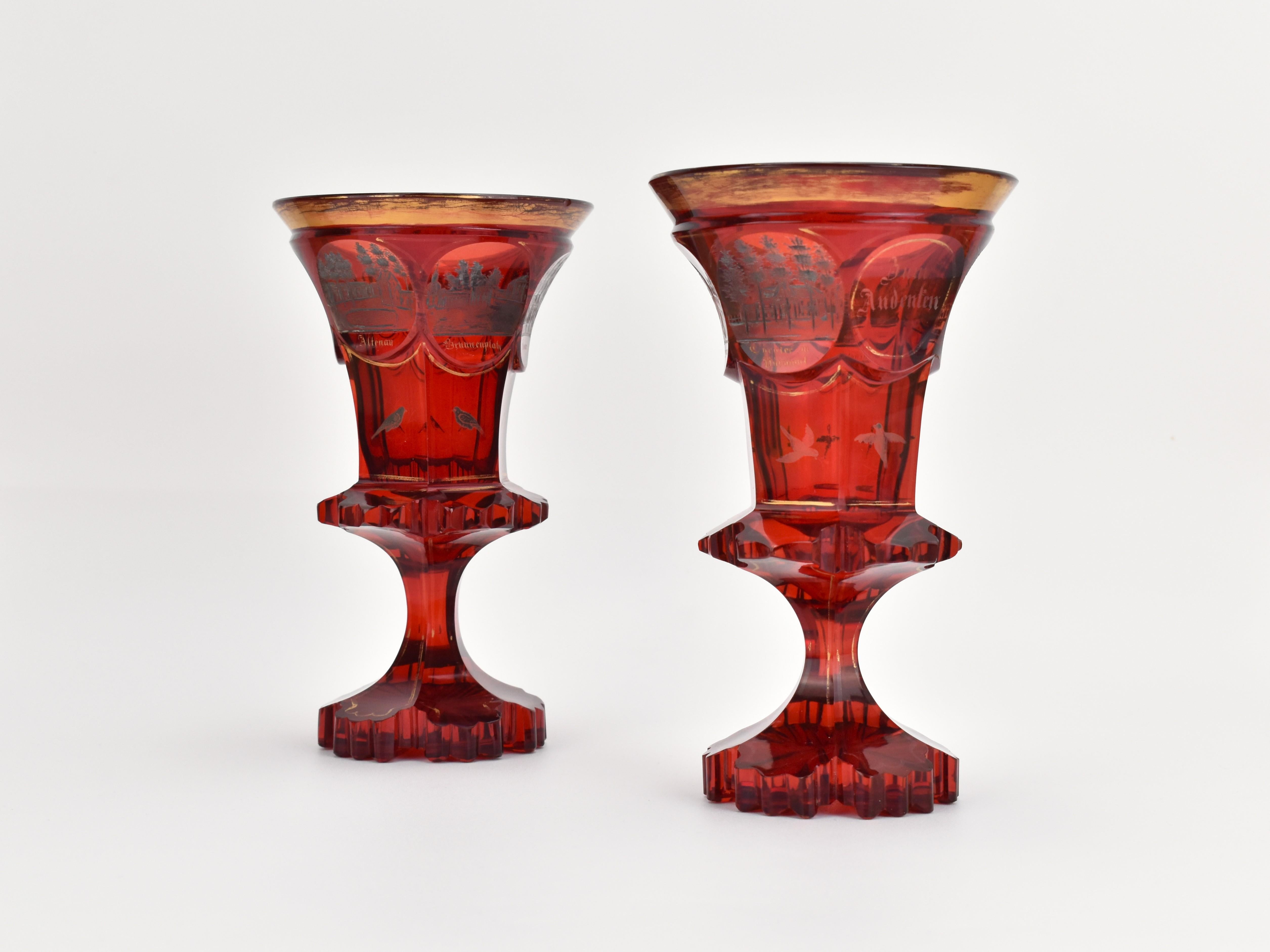 Biedermeier Antique Pair of Bohemian Crystal Ruby Red Cut Glass Goblets, 19th Century For Sale