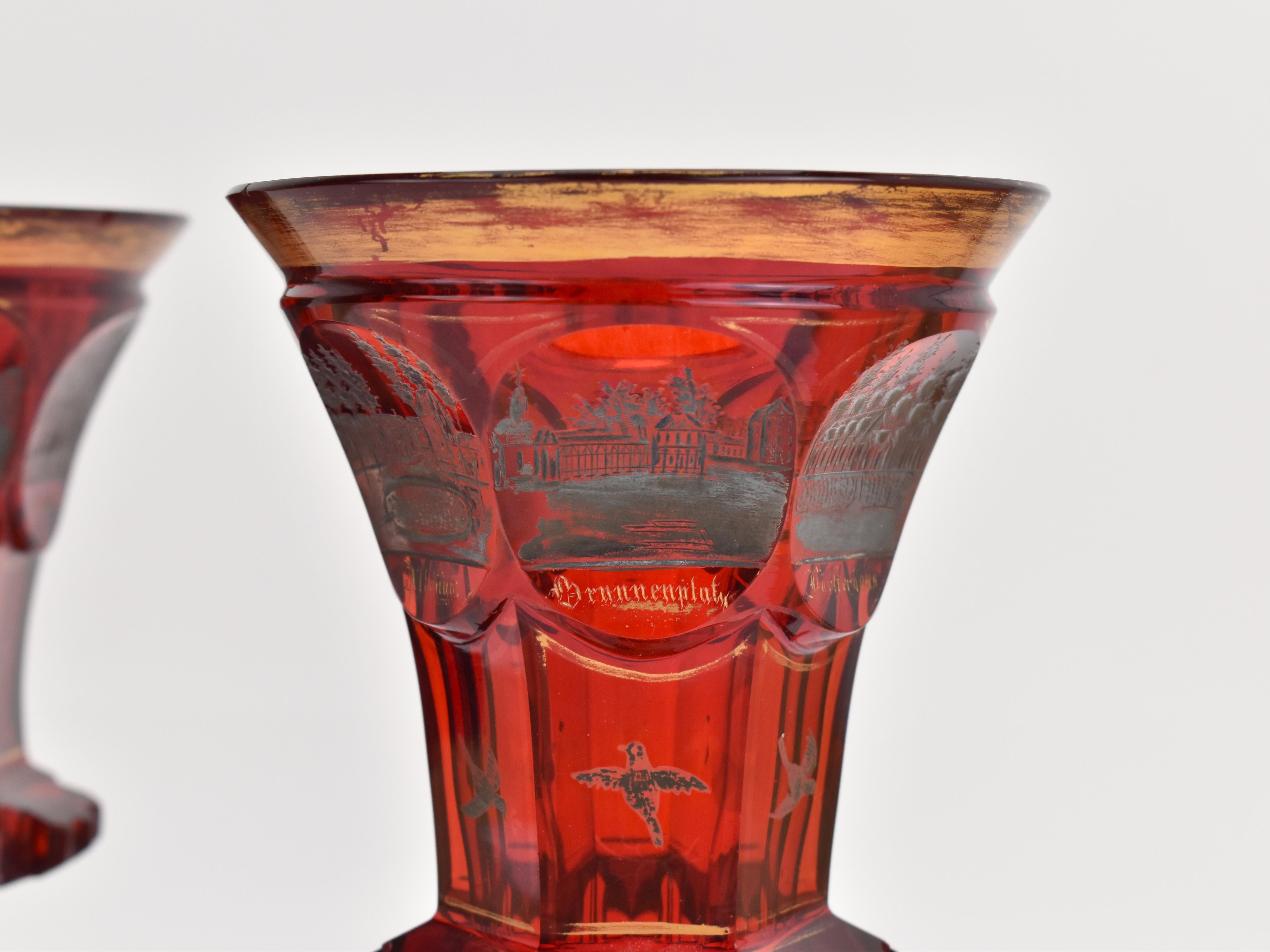 Gilt Antique Pair of Bohemian Crystal Ruby Red Cut Glass Goblets, 19th Century For Sale