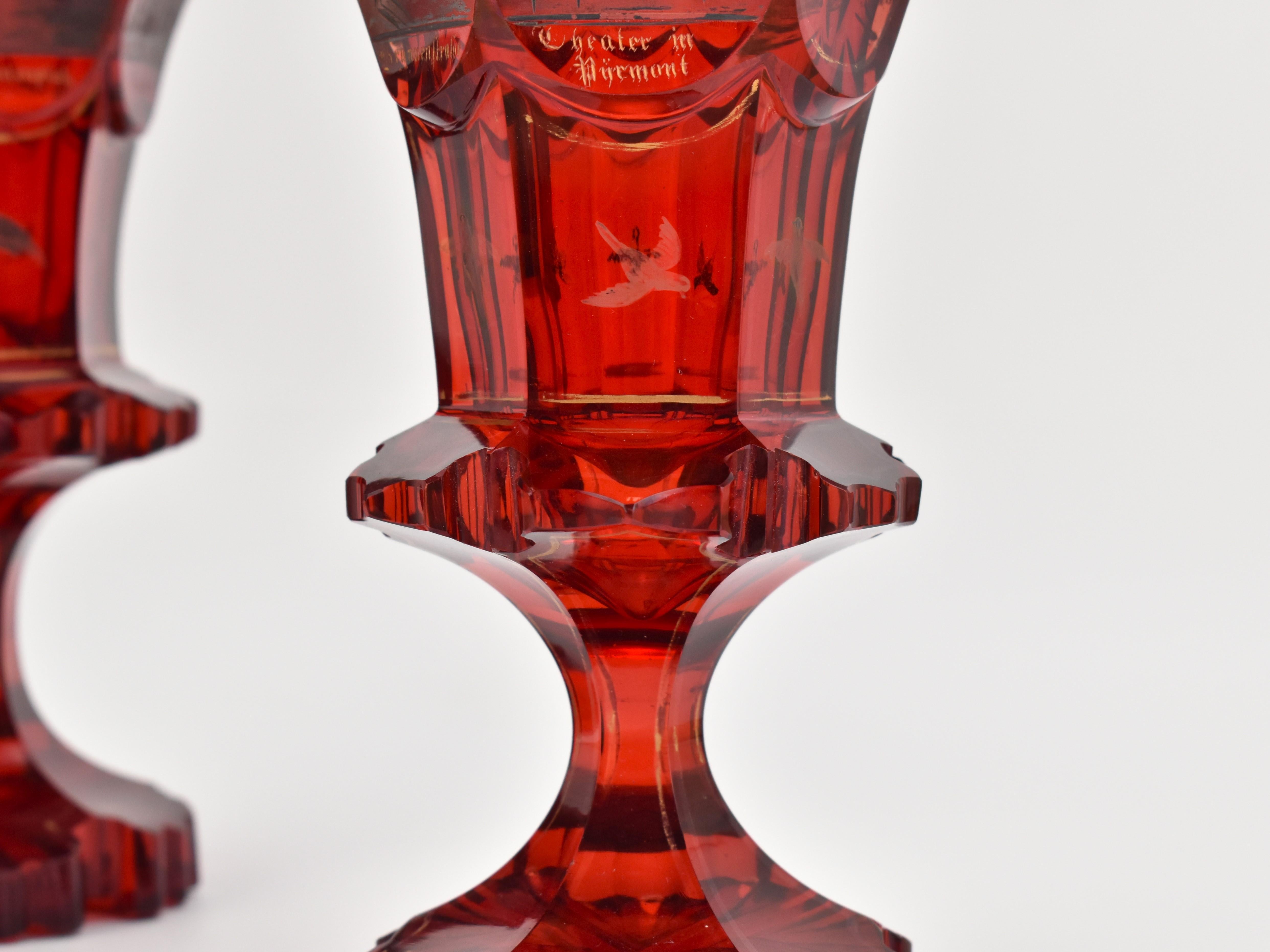 Antique Pair of Bohemian Crystal Ruby Red Cut Glass Goblets, 19th Century In Good Condition For Sale In Rostock, MV