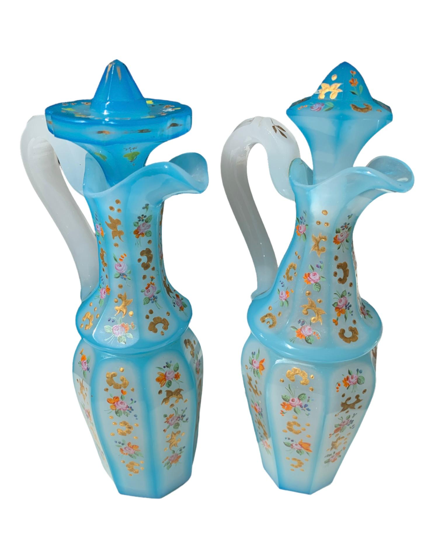 Charles X Antique Pair of Bohemian Enameled Opaline Glass Ptichers, 19th Century