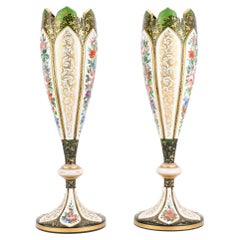 Antique Pair of Bohemian Green Overlay Gilded Glass Vases , 19th Century