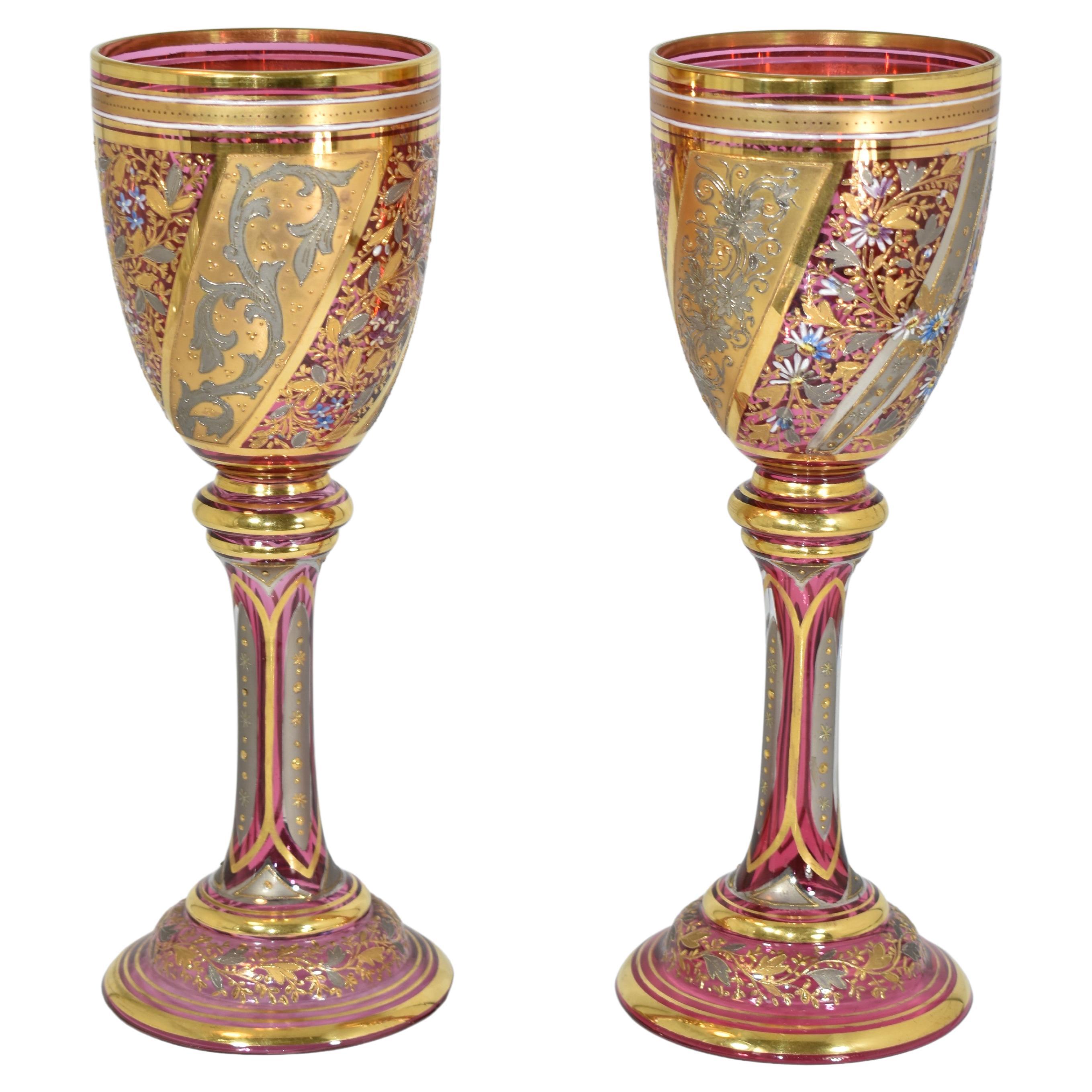 Enameled Antique Pair of Bohemian Moser Cranberry Crystal Glasses, Goblets, 19th Century