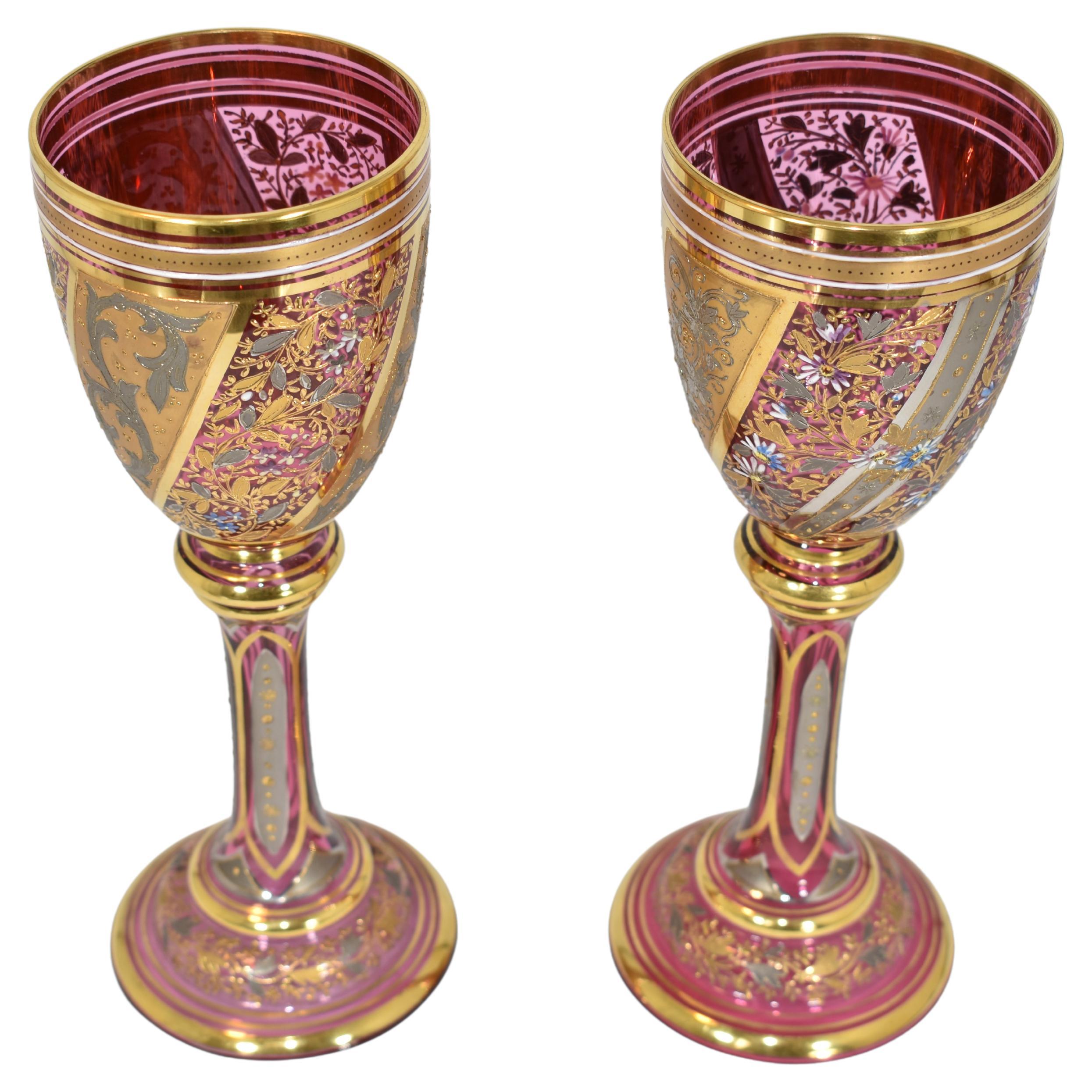 Antique Pair of Bohemian Moser Cranberry Crystal Glasses, Goblets, 19th Century In Good Condition In Rostock, MV