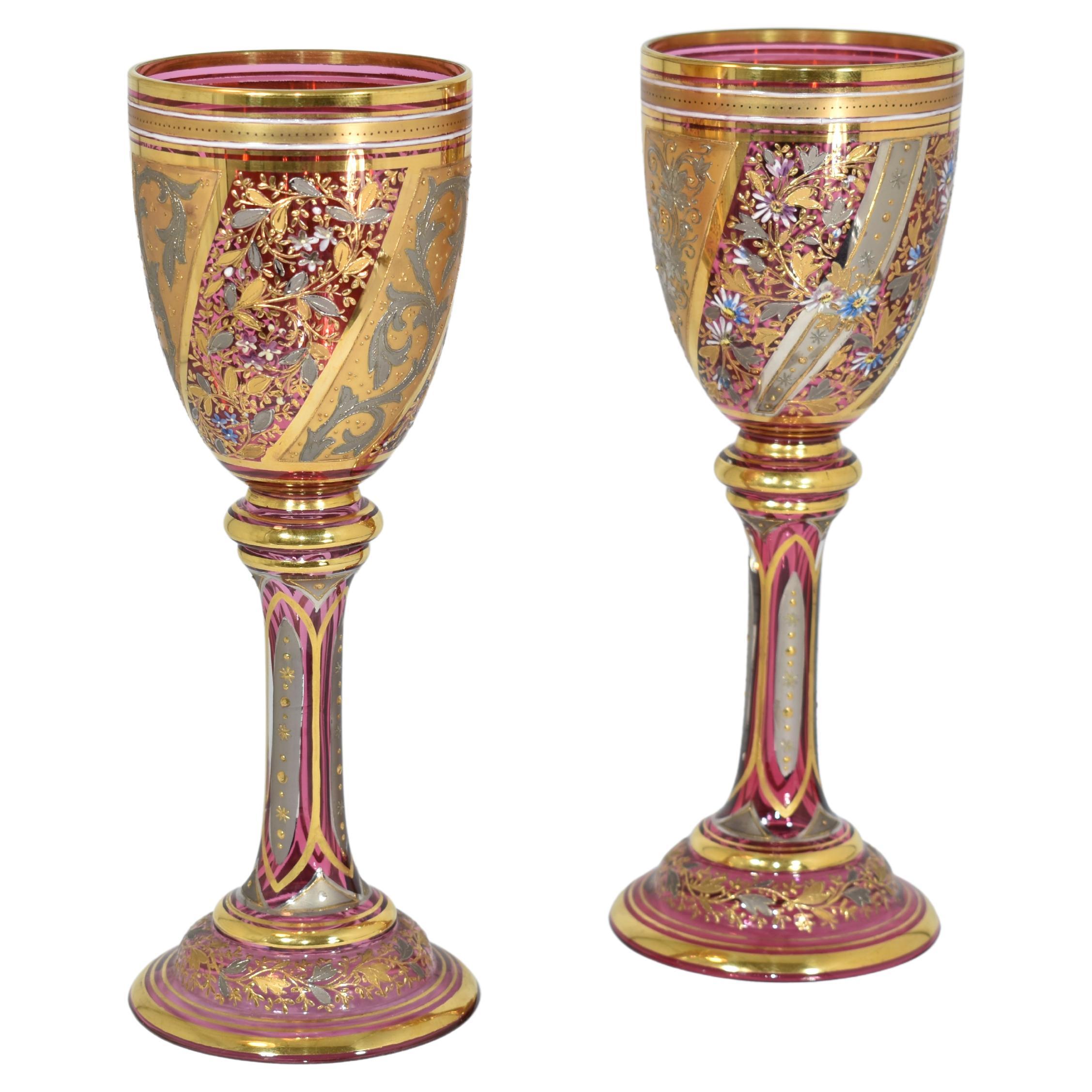 Antique Pair of Bohemian Moser Cranberry Crystal Glasses, Goblets, 19th Century 1