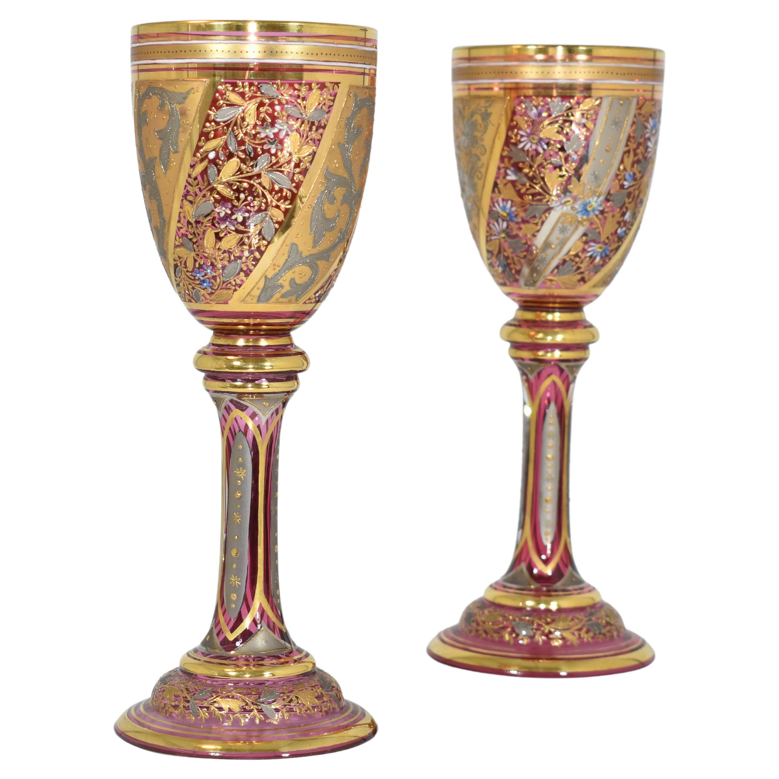 Antique Pair of Bohemian Moser Cranberry Crystal Glasses, Goblets, 19th Century 2