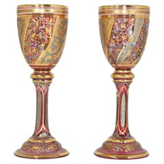 Antique Pair of Bohemian Moser Cranberry Crystal Glasses, Goblets, 19th Century