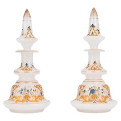 Antique Pair of Bohemian Opaline Enamelled Glass Perfume Decanters, 19th Century