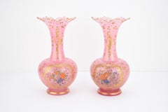 Antique Pair of  Bohemian Opaline Enamelled Glass Vases, 19th Century