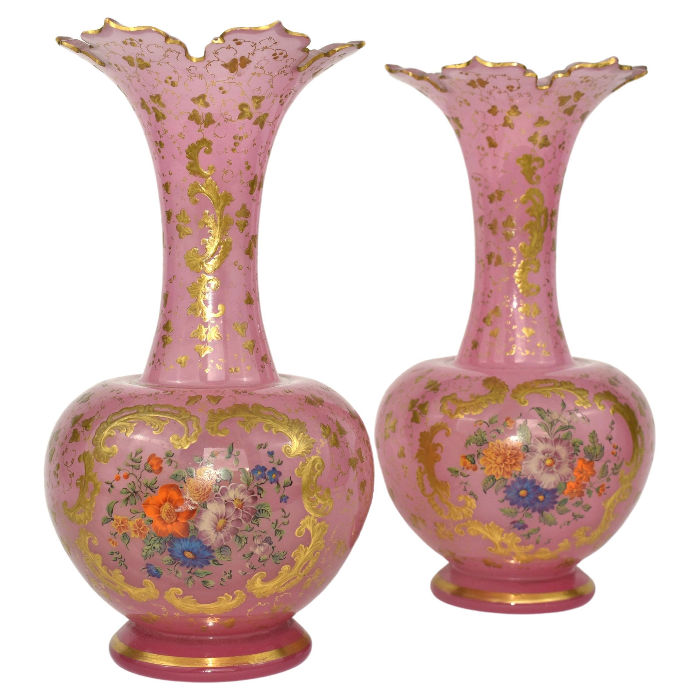 Enameled Antique Pair of  Bohemian Opaline Enamelled Glass Vases, 19th Century For Sale