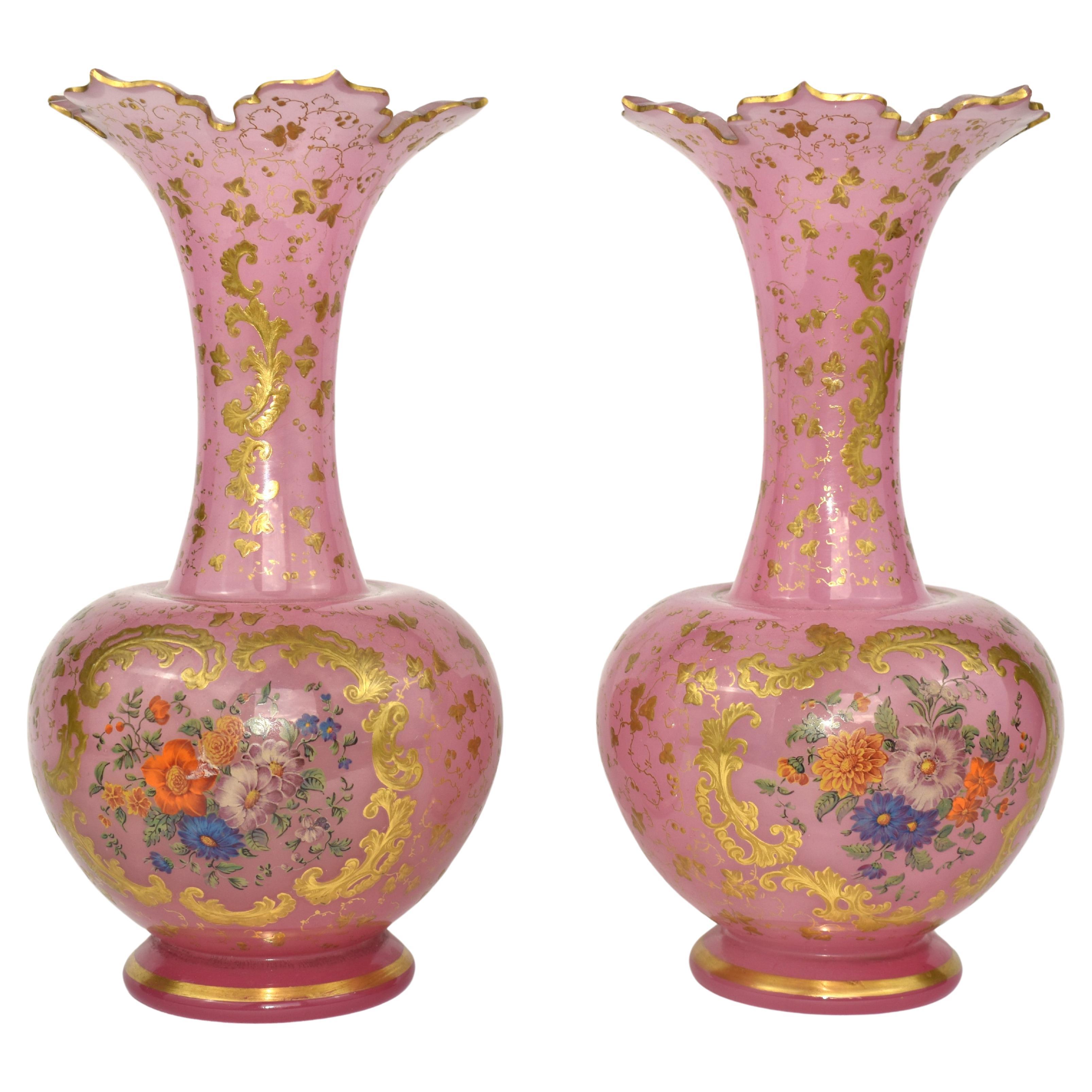 Antique Pair of  Bohemian Opaline Enamelled Glass Vases, 19th Century In Good Condition For Sale In Rostock, MV