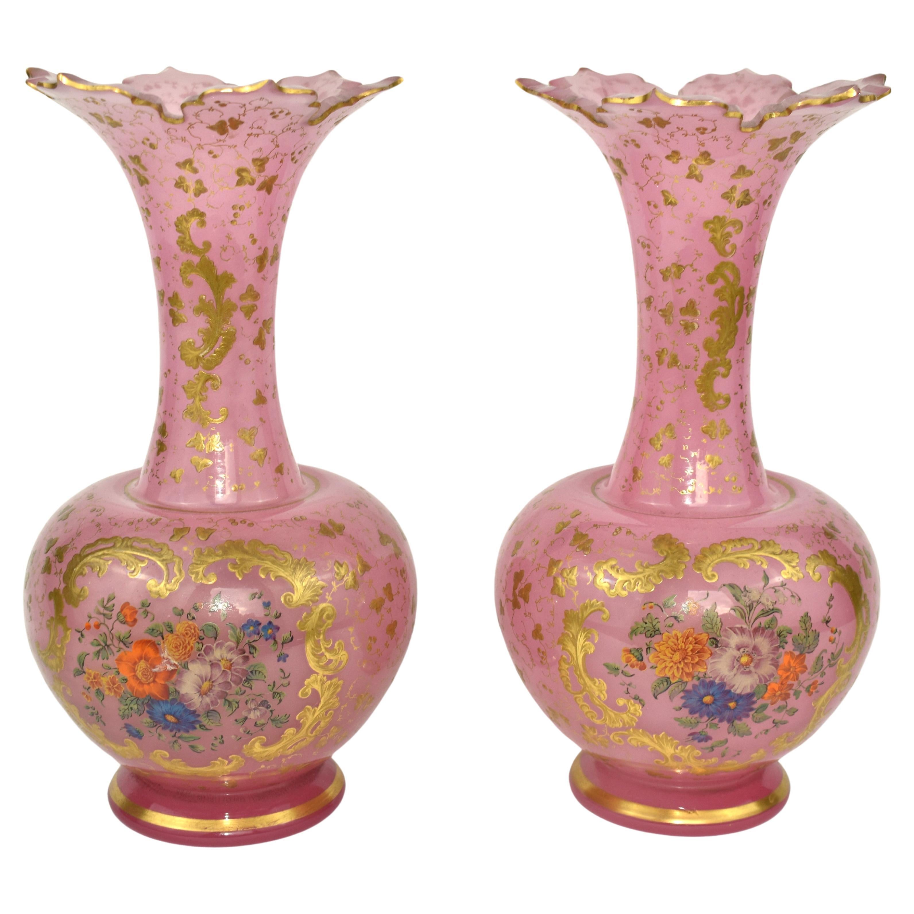 Opaline Glass Antique Pair of  Bohemian Opaline Enamelled Glass Vases, 19th Century For Sale