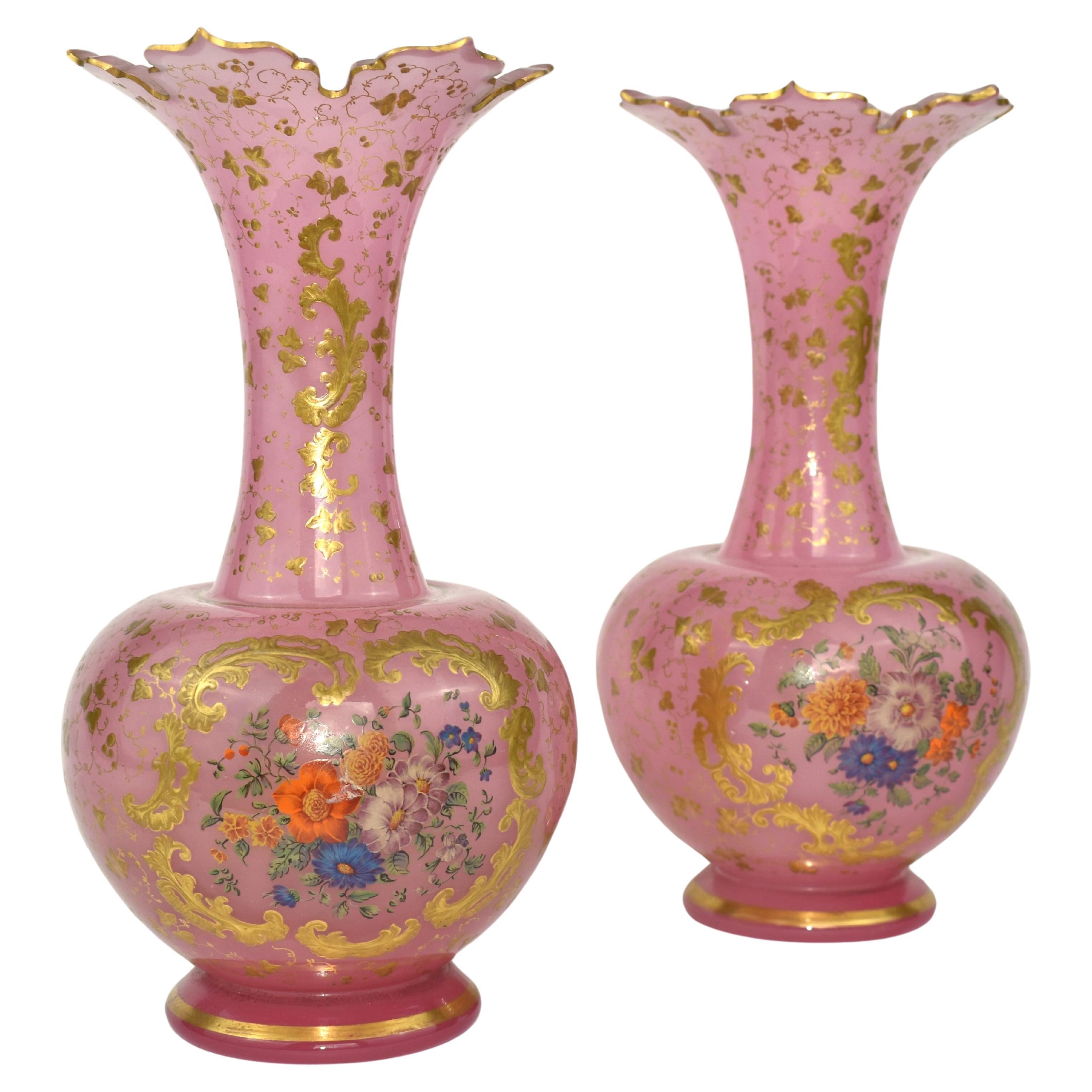 Antique Pair of  Bohemian Opaline Enamelled Glass Vases, 19th Century For Sale