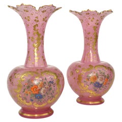 Antique Pair of  Bohemian Opaline Enamelled Glass Vases, 19th Century