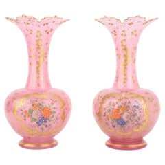 Antique Pair of  Bohemian Opaline Enamelled Glass Vases, 19th Century