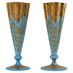 Antique Pair of Bohemian Opaline Enamelled Glass Vases, Moser 19th Century