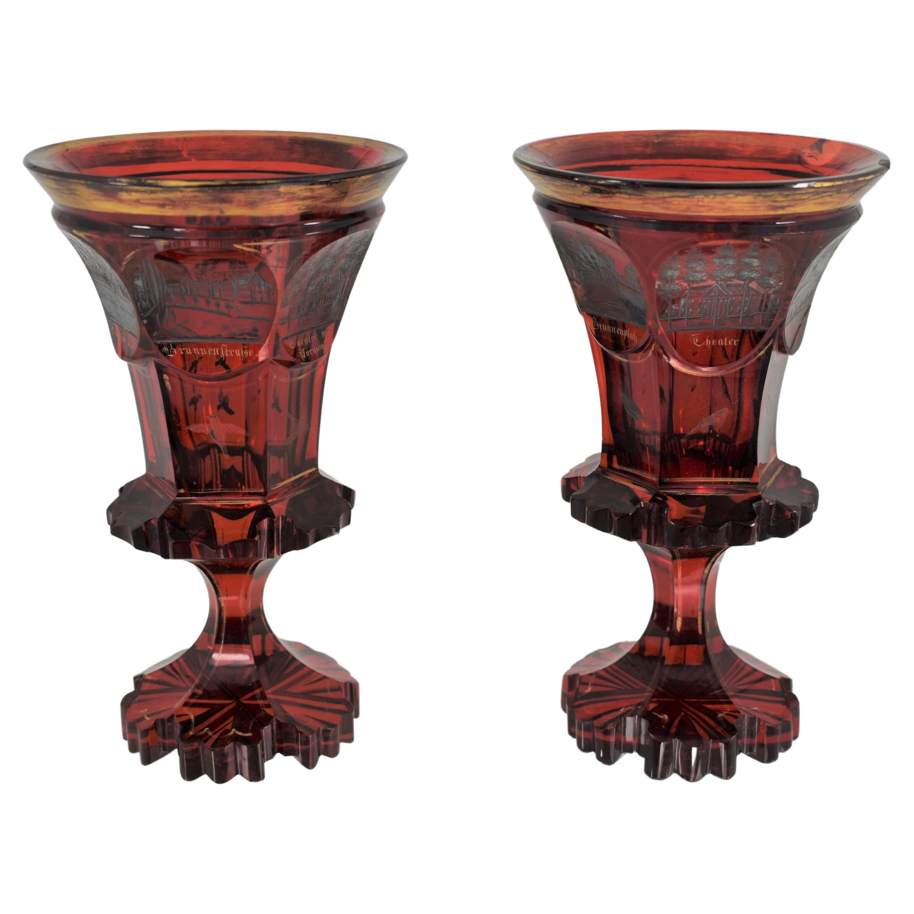 Antique Bohemian Ruby Glass Gold Paint Horse Flower Motive 19th Century ...