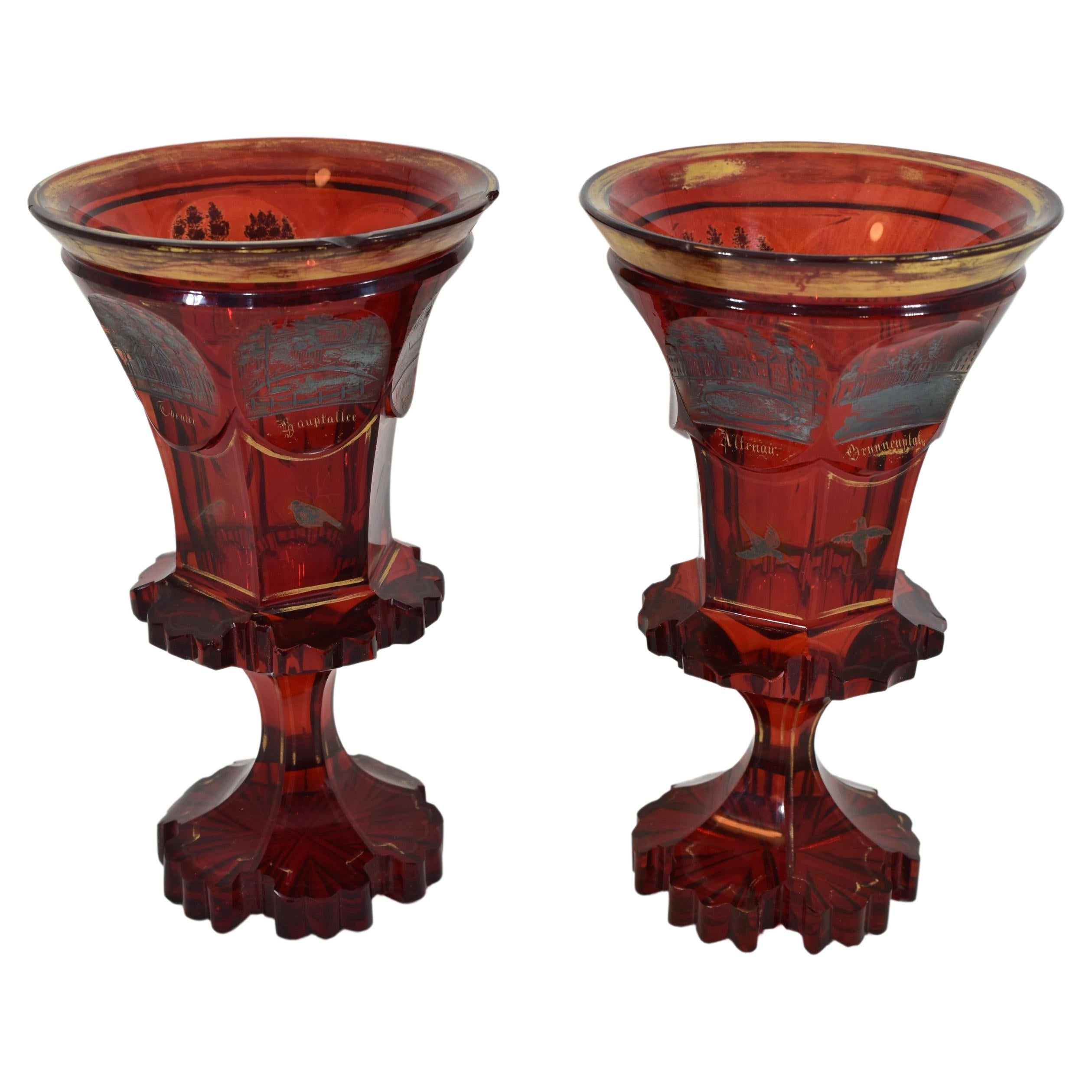 Gilt Antique Bohemian Ruby Red Cut Glass Set, 19th Century For Sale