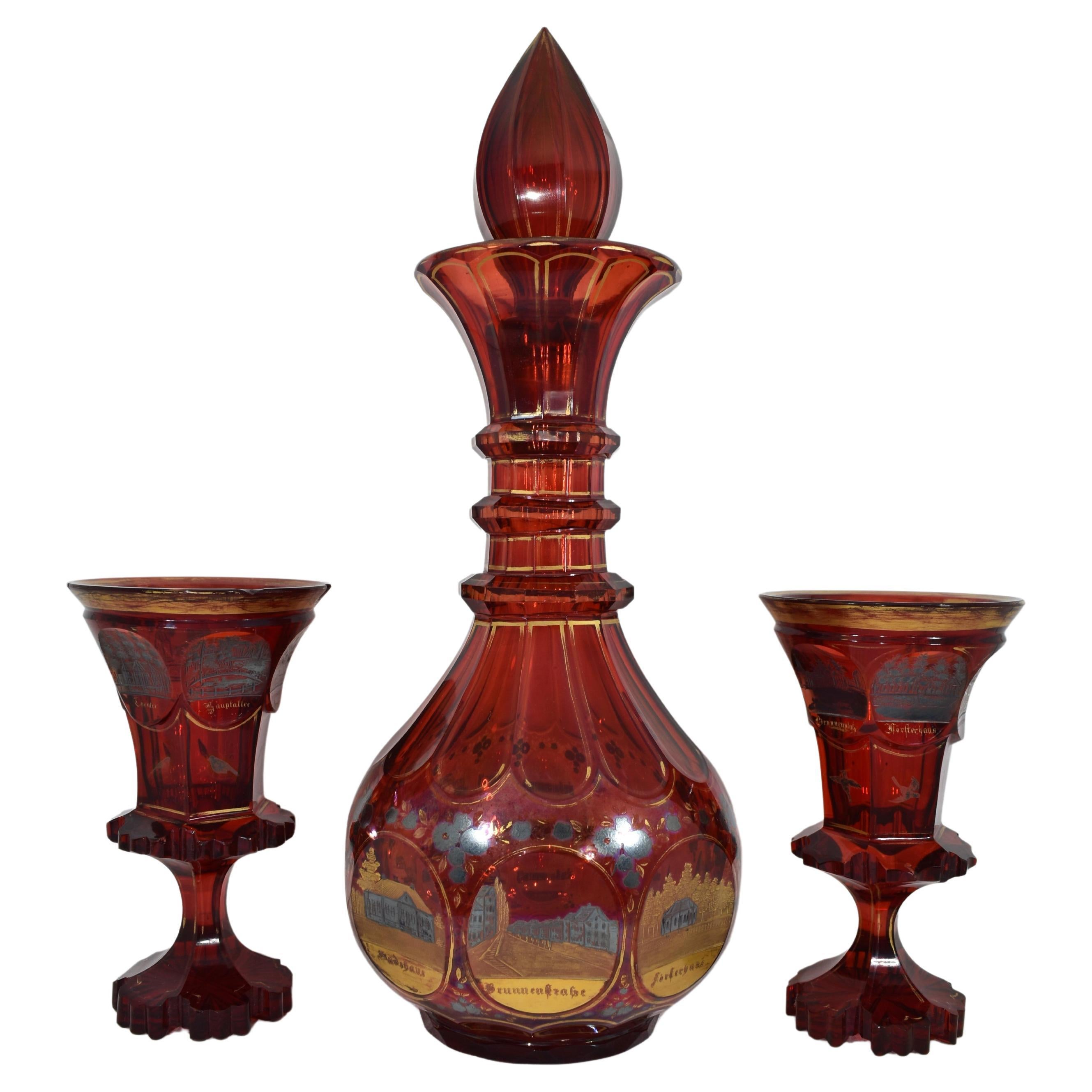 Antikes Likör-Set, böhmisches, rubinrotes, emailliertes Glas, 19 ...