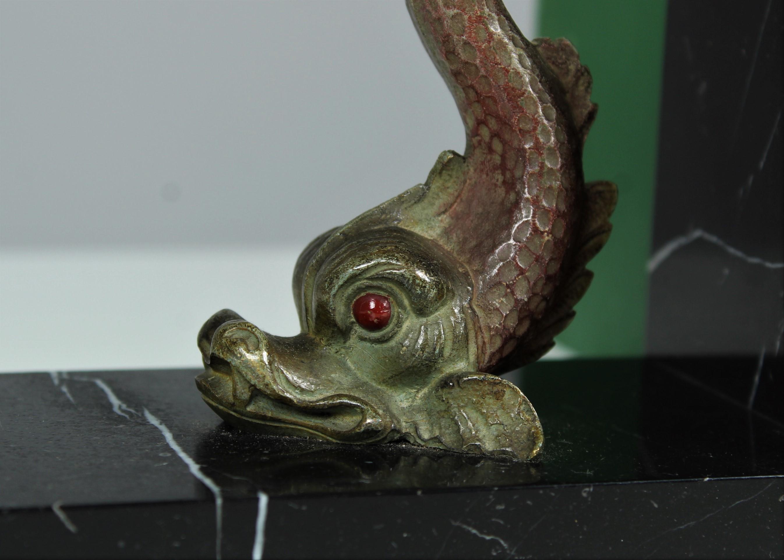 Cast Antique Pair of Bookends, Fish, Mythical Creatures, Bronze on Marble, 1890s