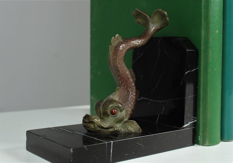 Antique Pair of Bookends, Fish, Mythical Creatures, Bronze on Marble ...