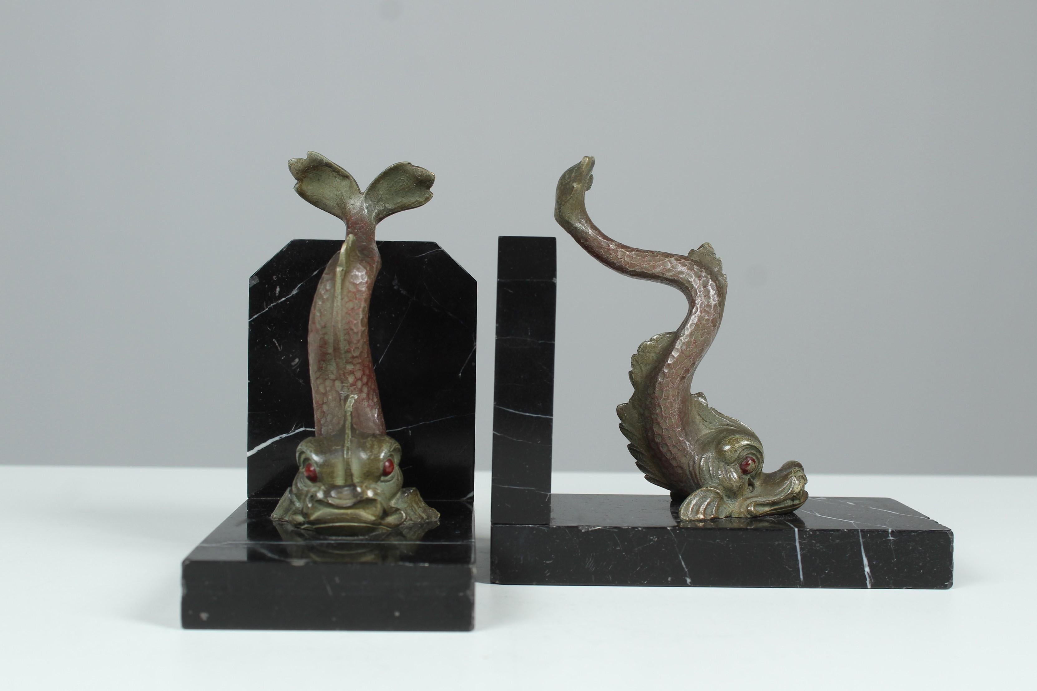 19th Century Antique Pair of Bookends, Fish, Mythical Creatures, Bronze on Marble, 1890s