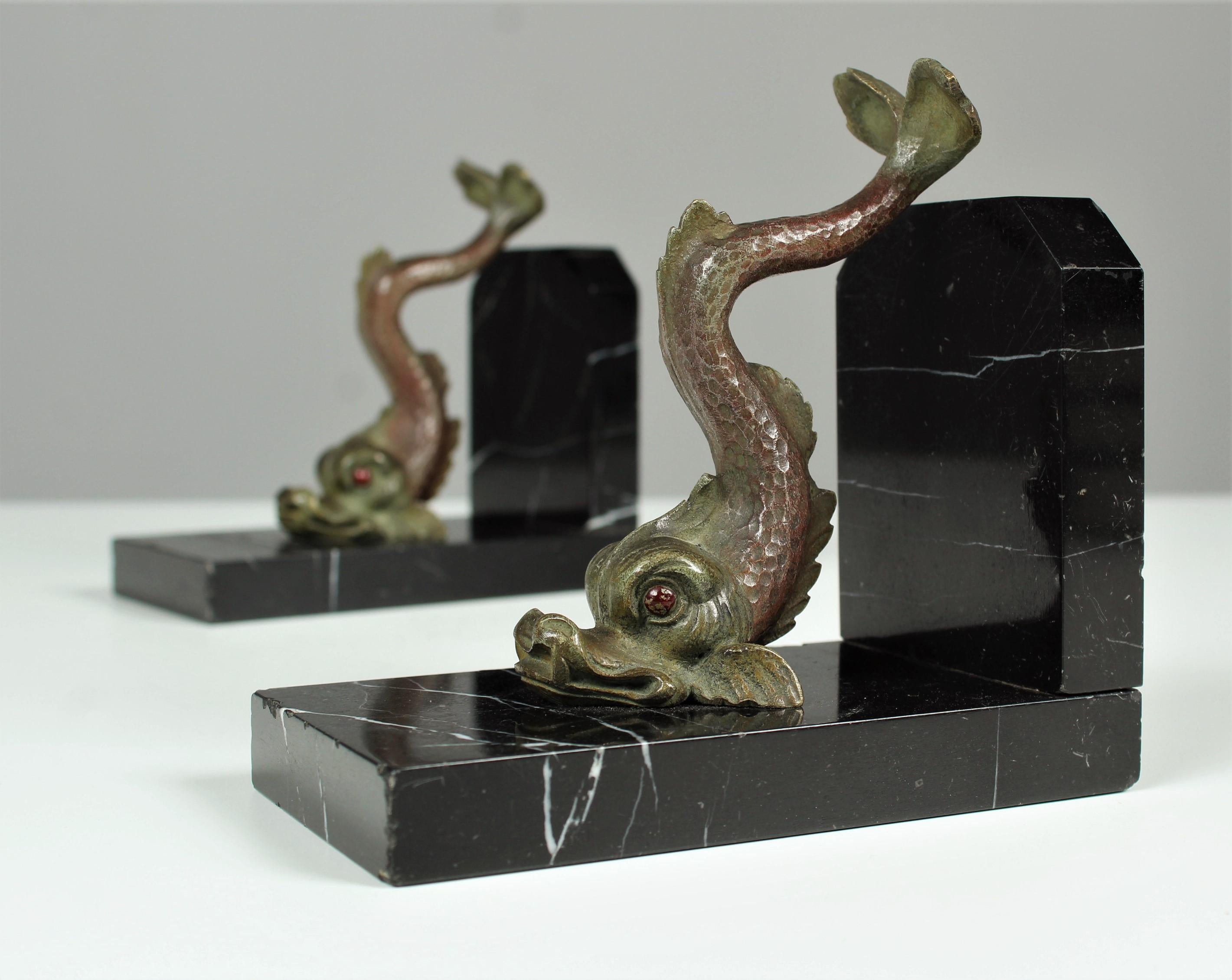Antique Pair of Bookends, Fish, Mythical Creatures, Bronze on Marble, 1890s 1