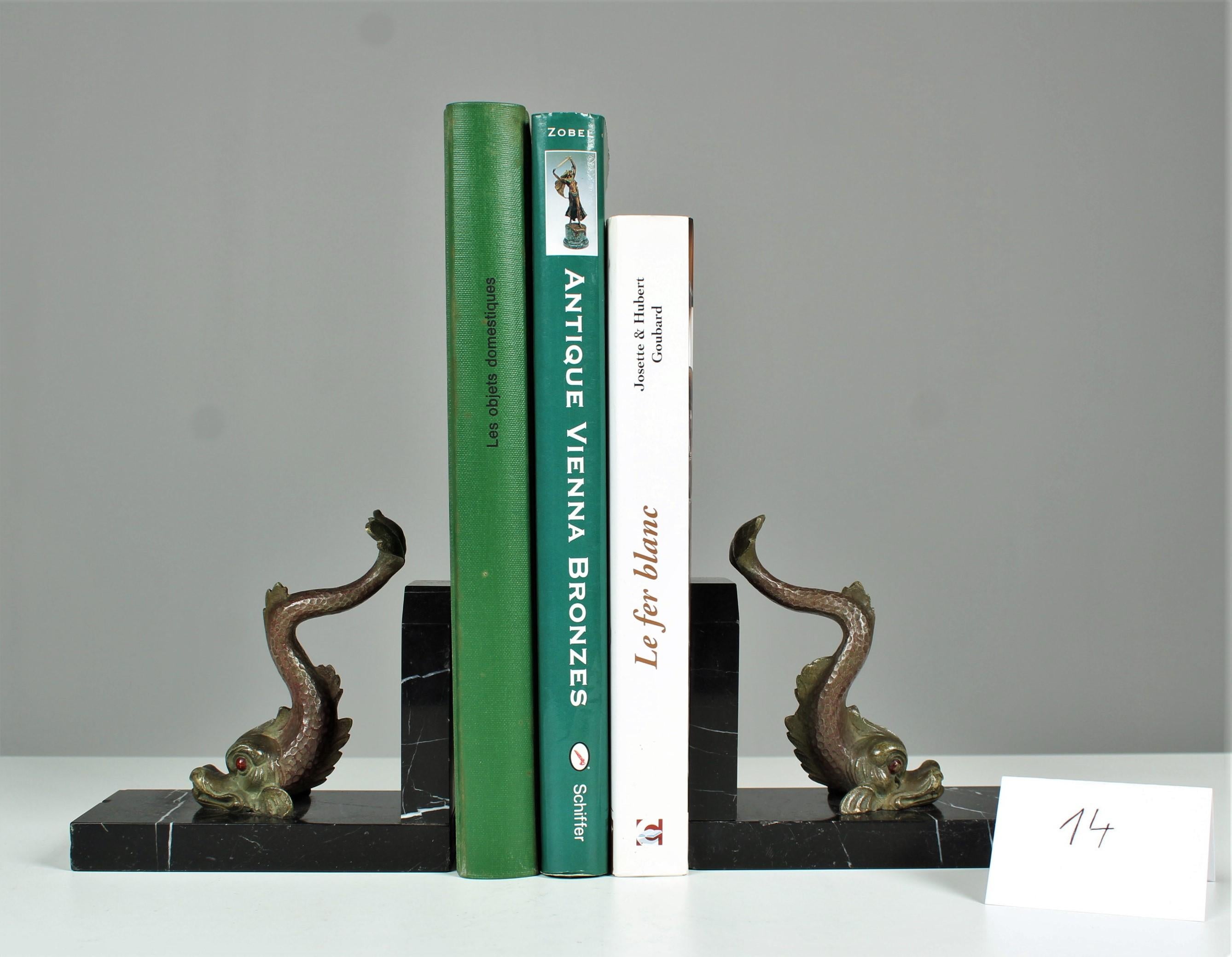 Antique Pair of Bookends, Fish, Mythical Creatures, Bronze on Marble, 1890s 2