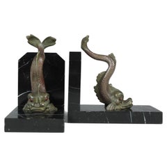 Antique Pair of Bookends, Fish, Mythical Creatures, Bronze on Marble, 1890s