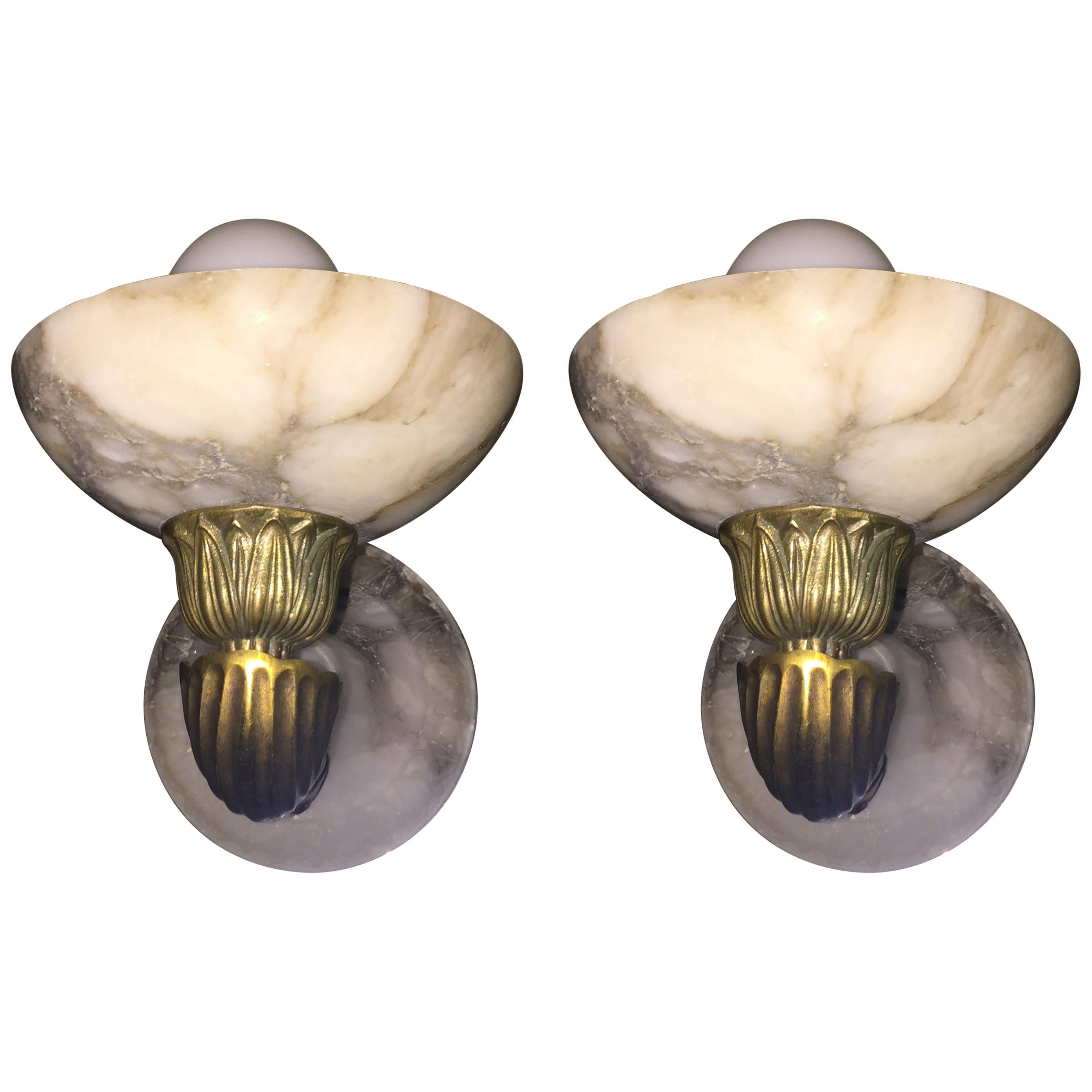Antique Pair of Brass and Alabaster Sconces