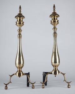 Antique Pair of Brass Baluster Turned Andirons with Cast Legs, circa 1920