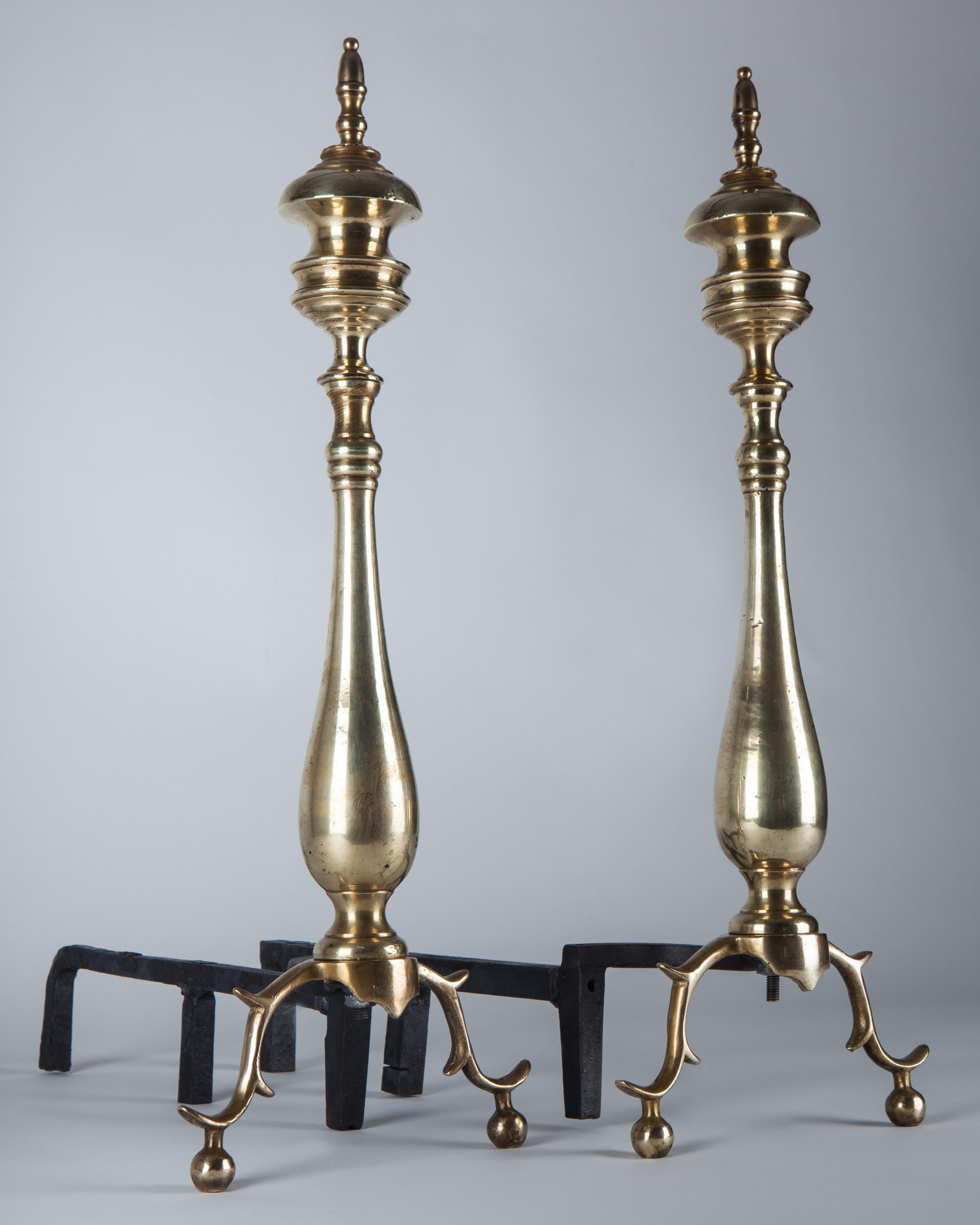 American Classical Antique Pair of Brass Baluster Turned Andirons with Cast Legs, circa 1920