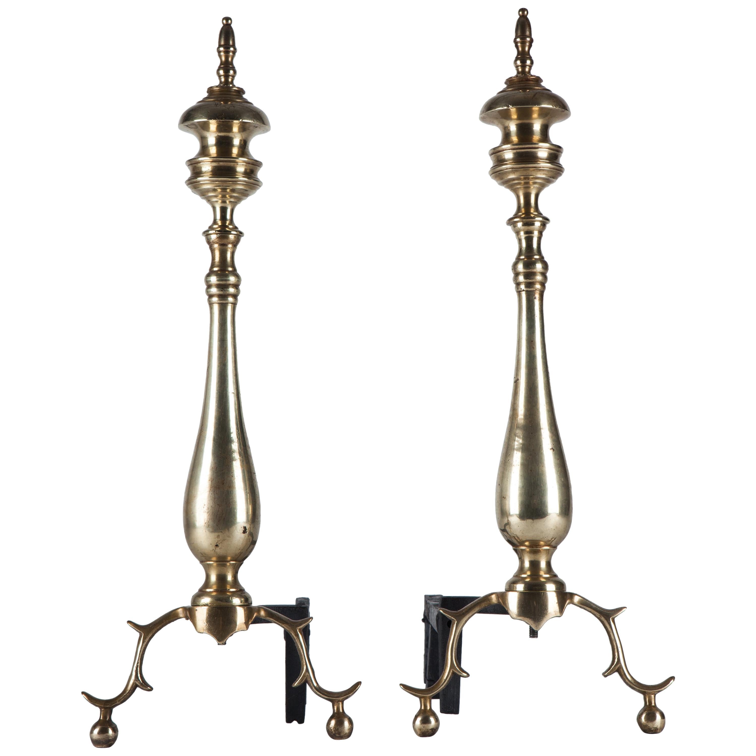 Antique Pair of Brass Baluster Turned Andirons with Cast Legs, circa 1920
