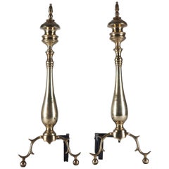 Antique Pair of Brass Baluster Turned Andirons with Cast Legs, circa 1920