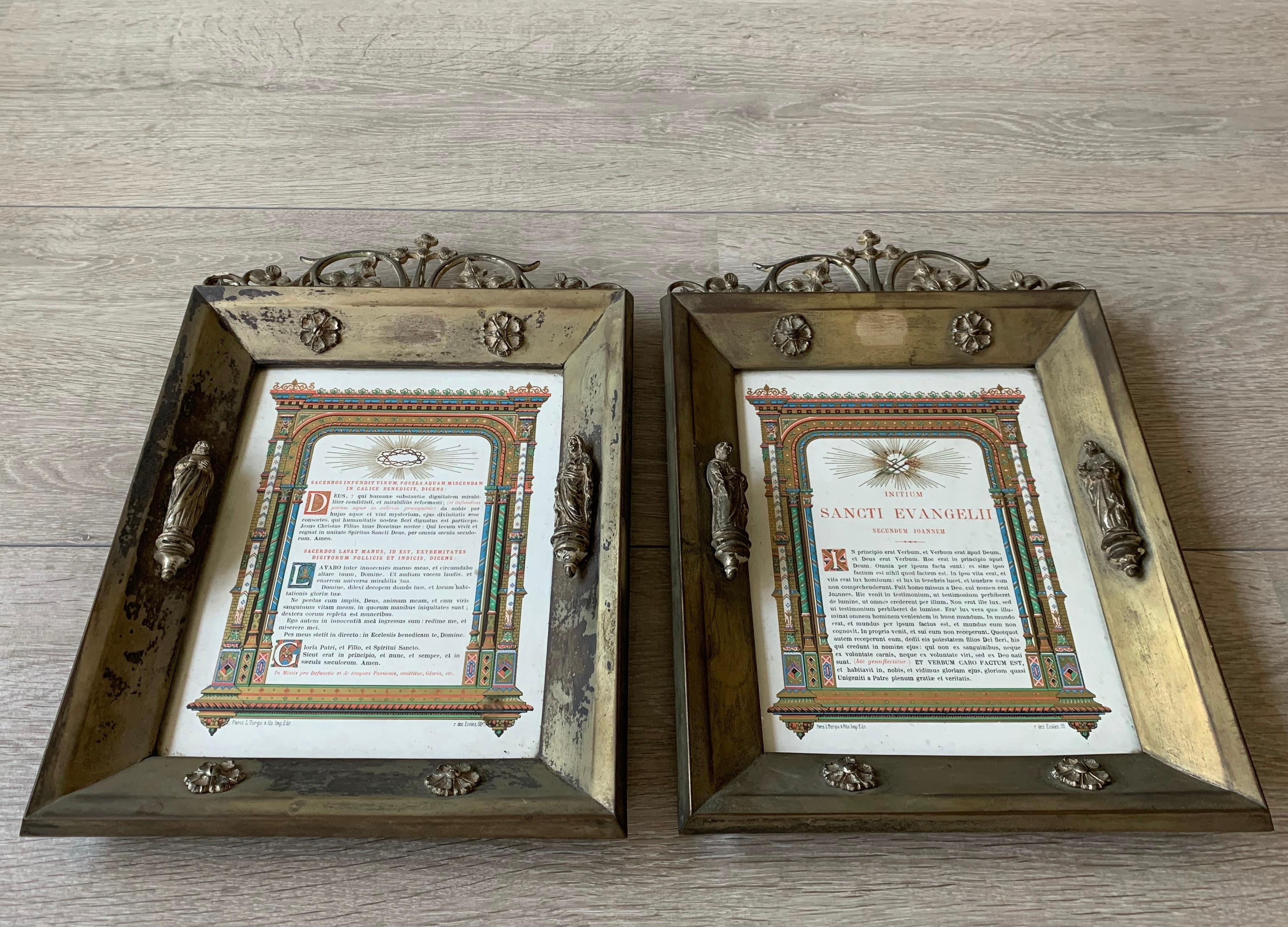 20th Century Antique Pair of Brass & Bronze Gothic Wall Picture Frames with Saint Sculptures For Sale