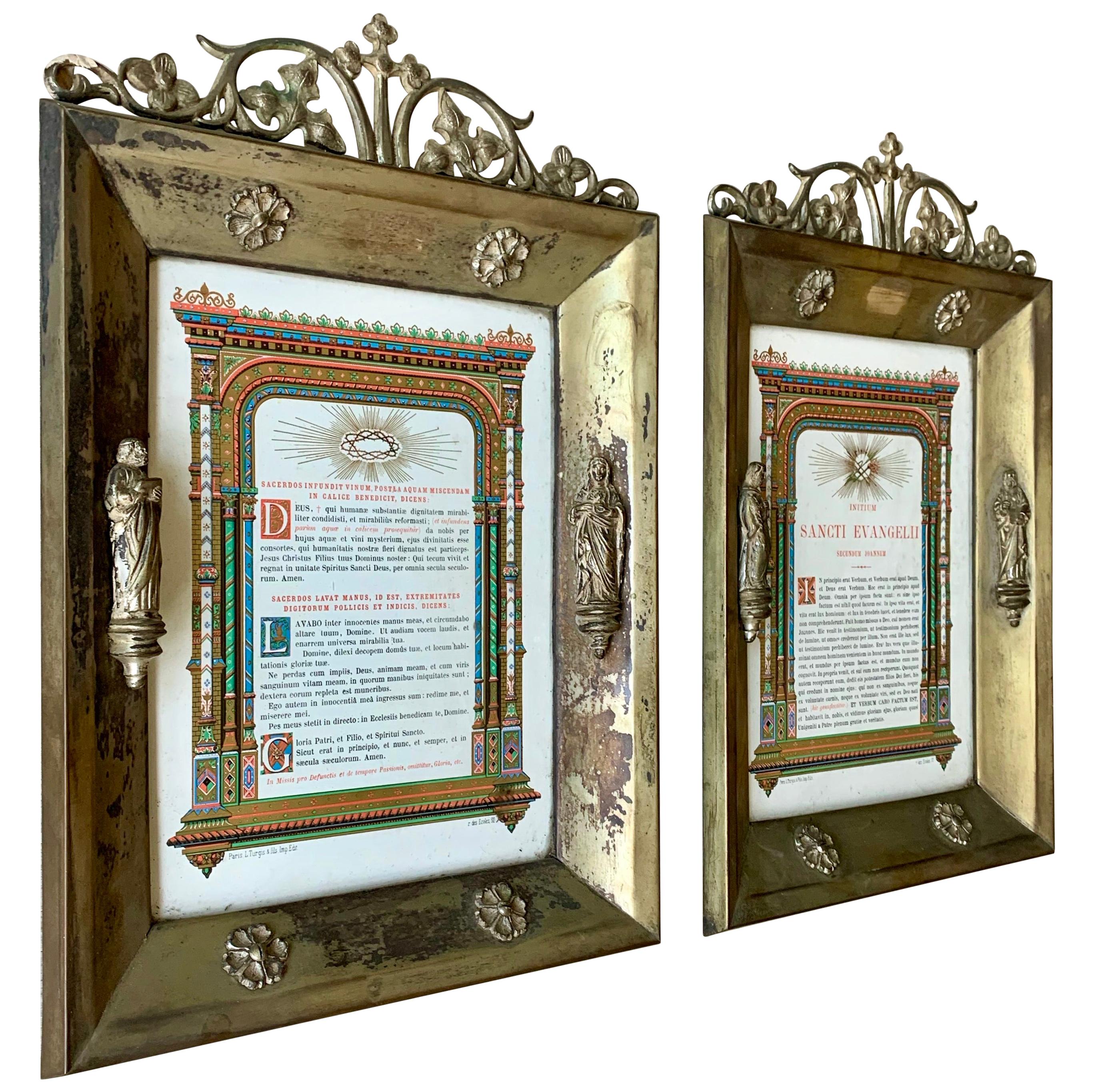 Antique Pair of Brass & Bronze Gothic Wall Picture Frames with Saint Sculptures For Sale