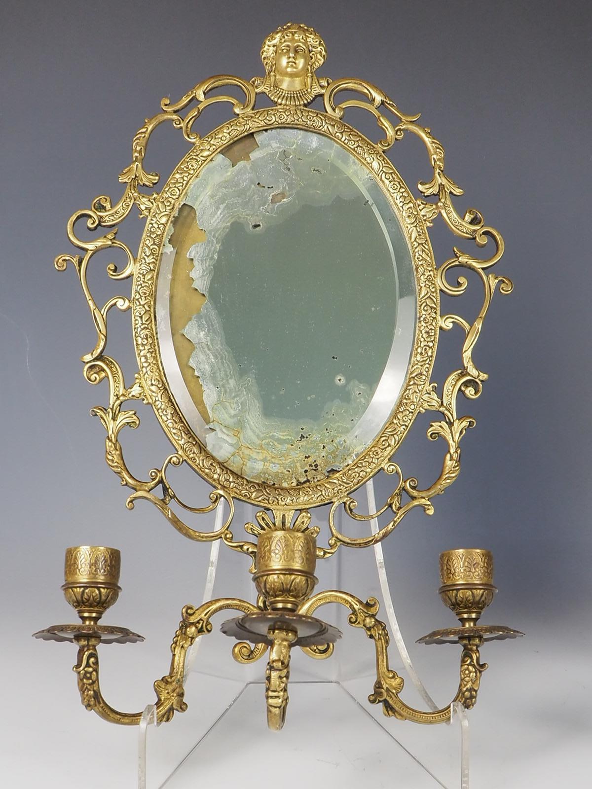 19th Century Antique Pair of Brass Wall Sconce Mirrors For Sale